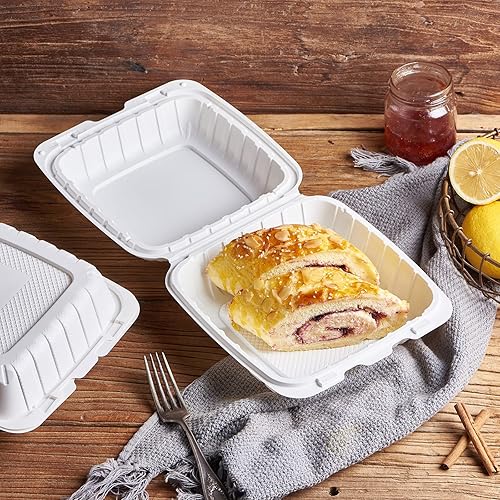 Miniatura 47 de Paquete de 50 bandejas de plástico de 8 x 8 pulgadas, 3 compartimentos, bandejas de comida para llevar, caja desechable Togo resistente para pasta