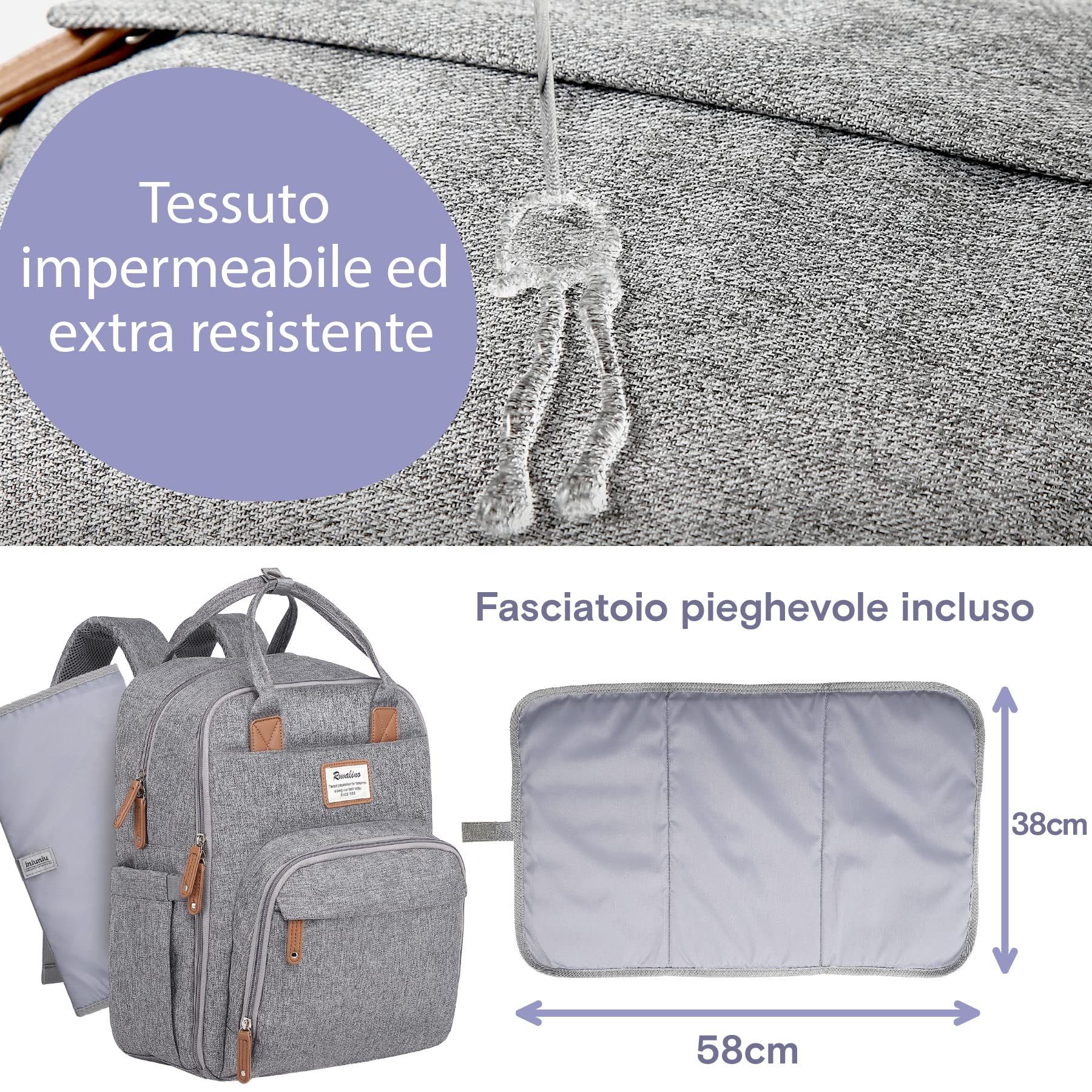 RUVALINO Zaino Fasciatoio per Mamma e Neonato Borsa Fasciatoio per Pannolini, Grande Borsa Maternità con 16 Scomparti, Include Fasciatoio Portatile, Tasca Termica per Biberon