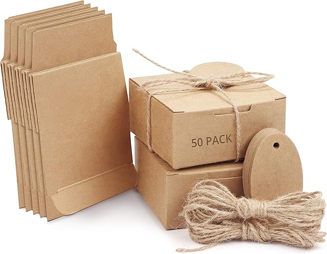 Belle Vous Brown Kraft Paper Square Gift Boxes with Lids, Hemp Rope and Tags (50 Pack) - 7.5 x 7.5cm x 3.5cm (2.95 x 2.95 x 1.37 inches) - Small Boxes for DIY Wedding and Party Gifts & Favors