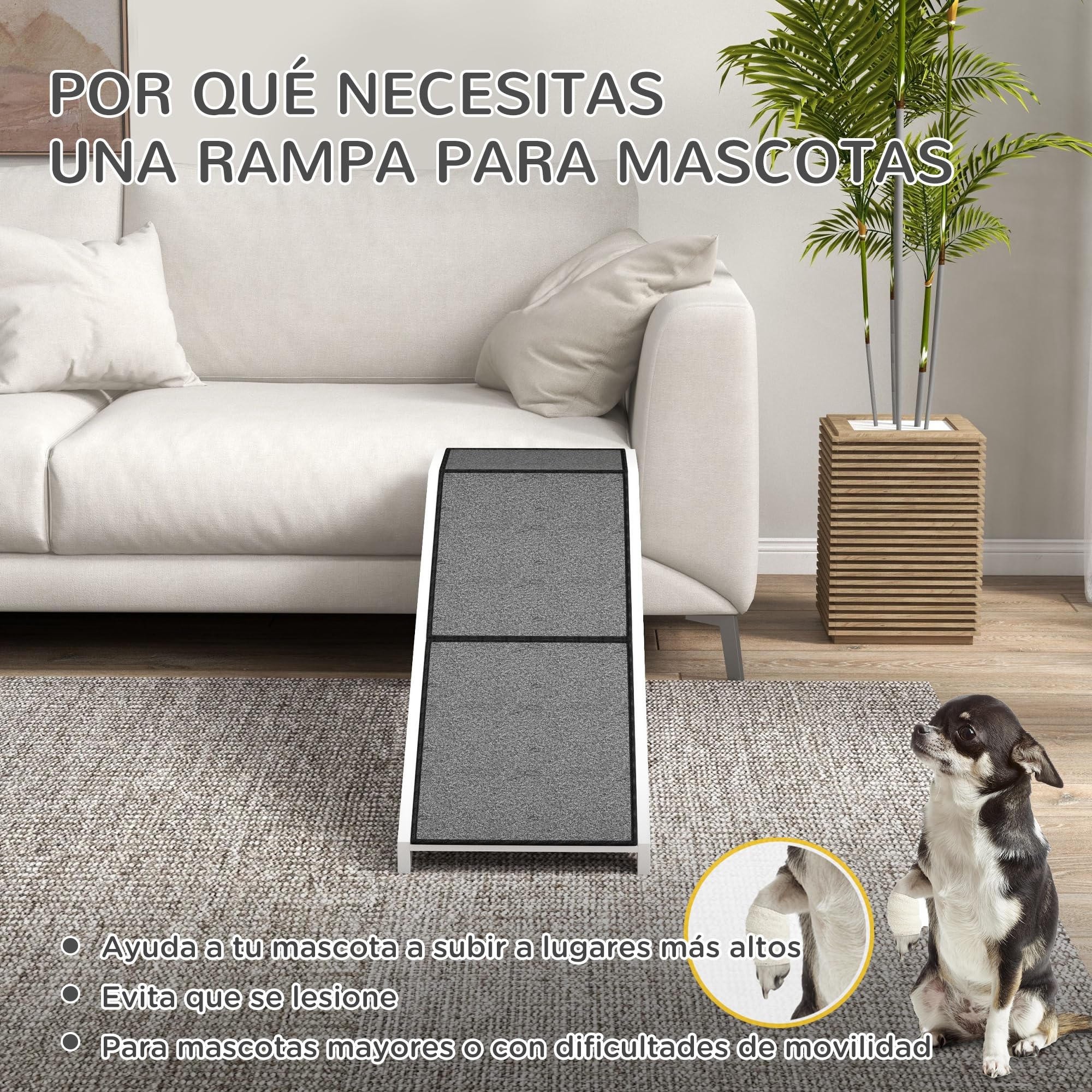 PawHut Rampa para Perros de Madera Rampa para Mascotas para Cama/Sofá con Alfombra Antideslizante para Perros Pequeños Medianos y Grandes 152x40x50 cm Blanco y Gris