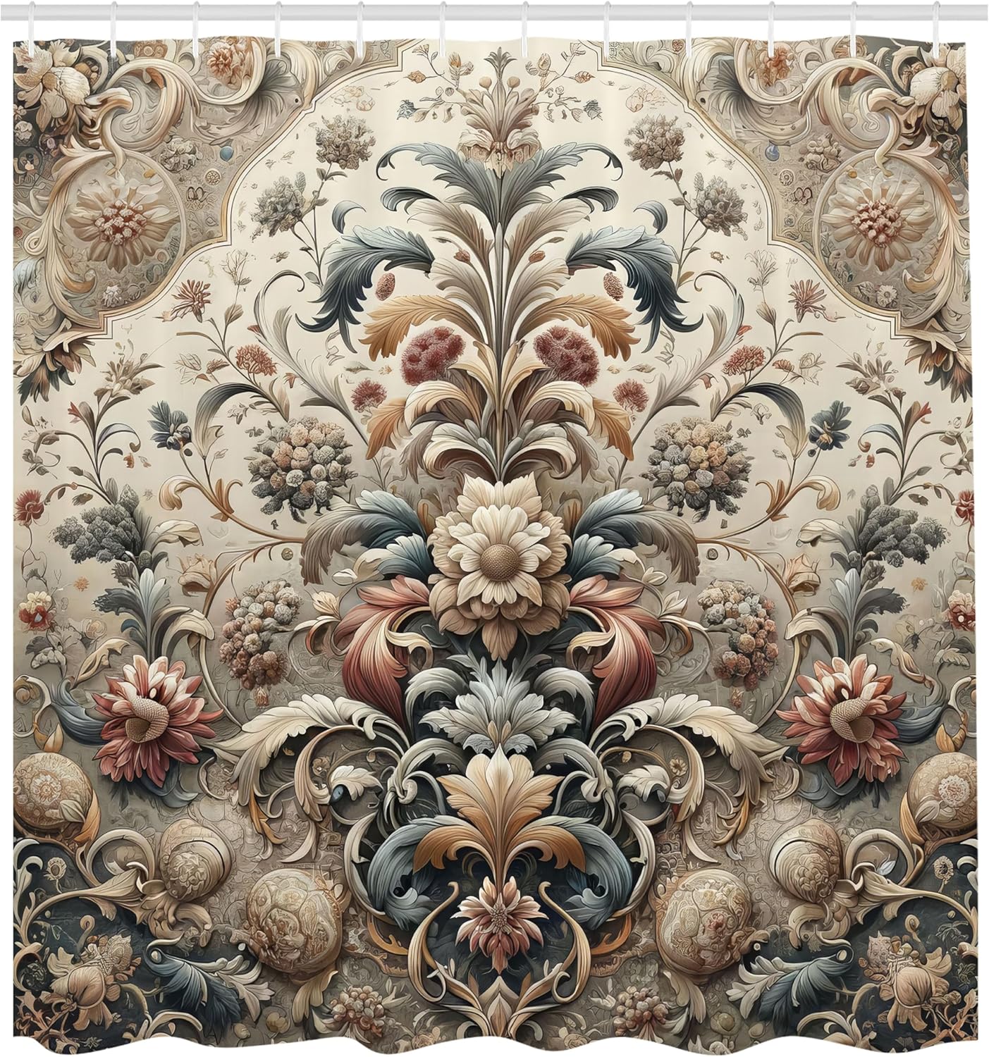 Ambesonne Rococo Shower Curtain, Palatial Ornaments of Flowers with Ethnic Influences Posh Blooms, Cloth Fabric Bathroom Decor Set with Hooks, 69" W x 70" L, Tan Dark Blue and Pale Ruby