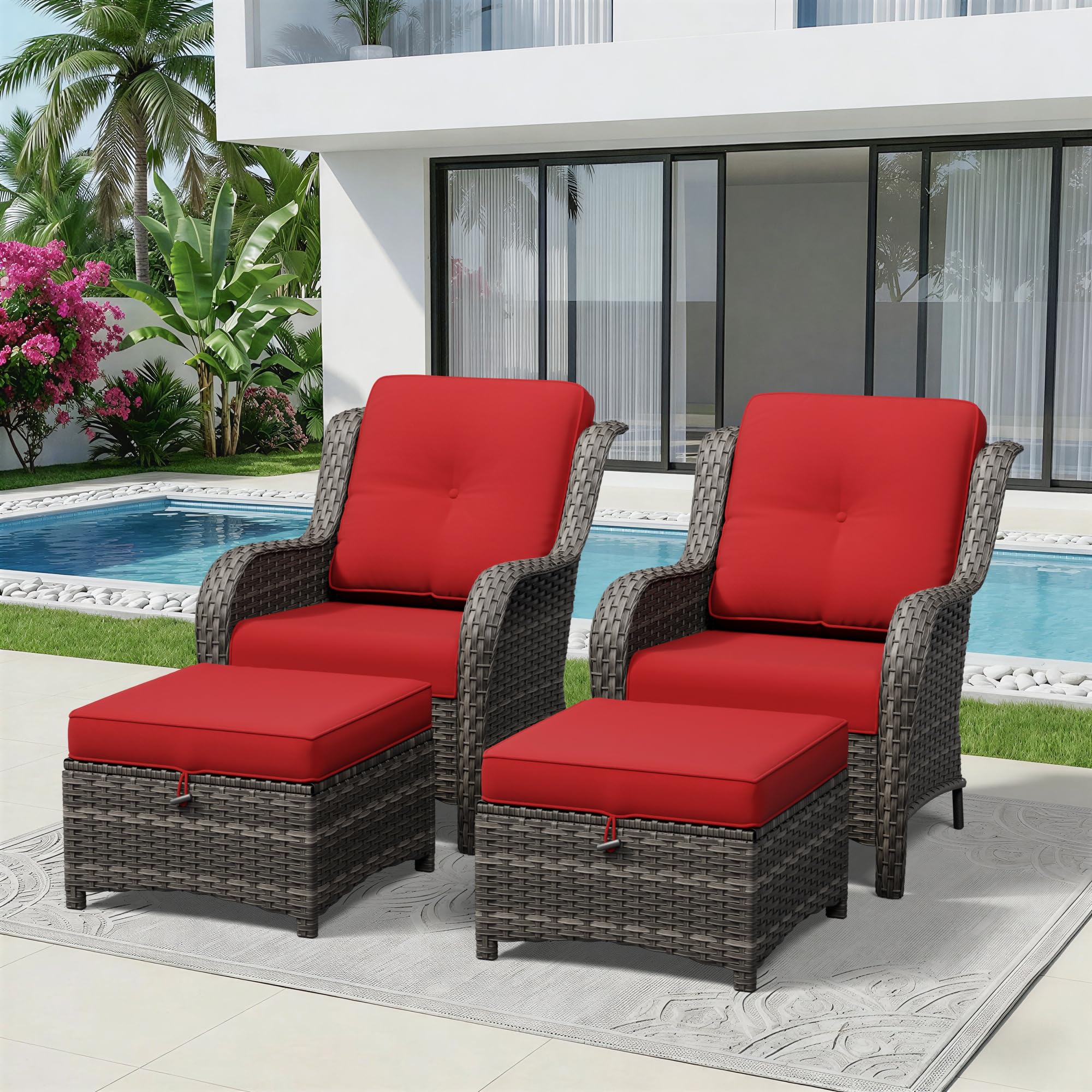 4 Piece Outdoor Wicker Patio Furniture Set, Patio Chairs Set with Thickened Olefin Cushions, High Back and Deep Seating, Hand-Woven PE Rattan, Ottoman for Porch, Deck, Red