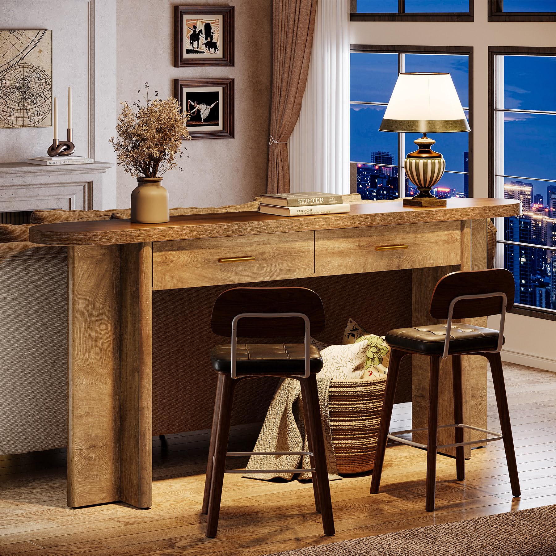 Tribesigns Tavolino consolle con 2 cassetti, 160 cm, in stile rustico, ovale, con vano portaoggetti, per soggiorno, corridoio e ingresso, marrone