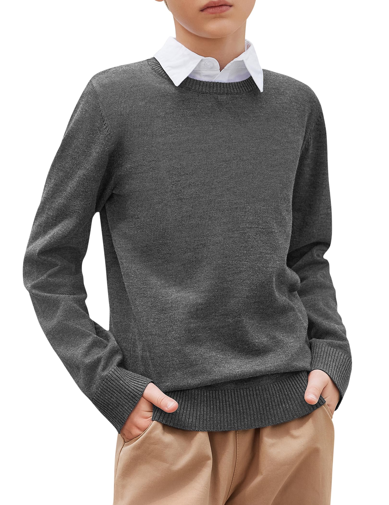 Arshiner Strickpullover für Jungen Langarm Herbst Winter Einfarbig Junge Pullover Rundhals Basic Schooluniform Stricken Sweater Langarmshirt für Kinder 5-12 Jahre