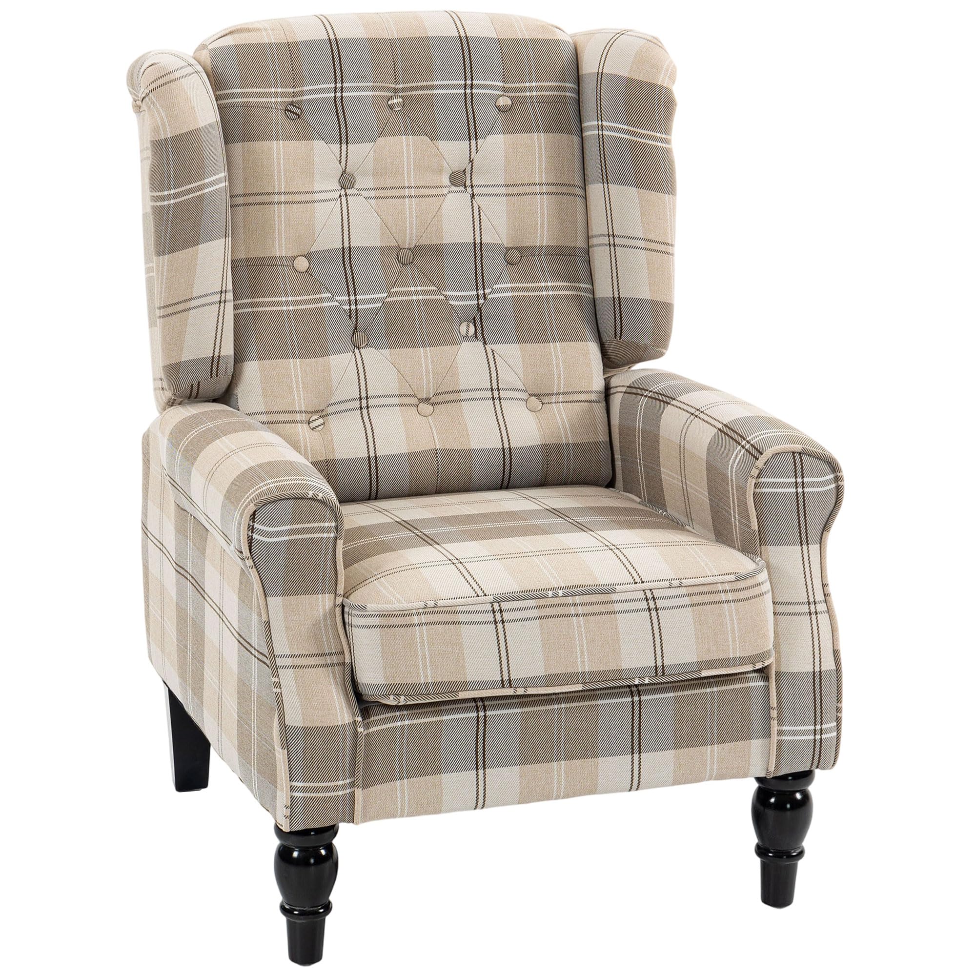 HOMCOM Wingback Accent Chair, Linen-Look Fabric Armchair with Thick Spring Cushion, High Back, Solid Wood Legs, Retro Button Tufted Reading Chair for Living Room, Bedroom, Khaki Plaid