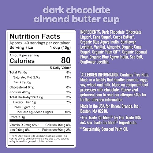 Miniatura 2 de UNREAL Tazas de mantequilla de almendras de chocolate oscuro, 0.53 onzas de azúcar, certificado vegano, sin gluten, comercio justo, sin OMG, sin