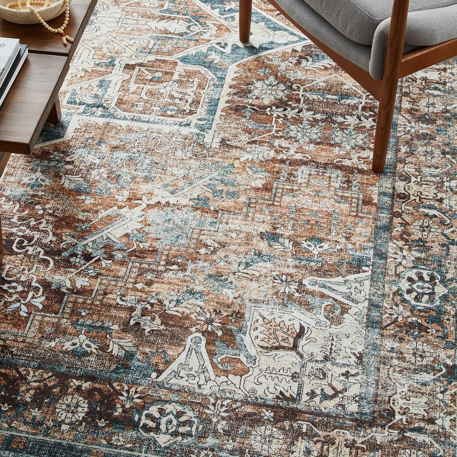 Area Rug 8x10 Machine Washable Non Slip Rug Vintage Carpet Low Pile Soft Carpet Stain Resistant Durable for High-Traffic Areas in Living Room, Bedroom, Dining Room, Home Office, Guest Room