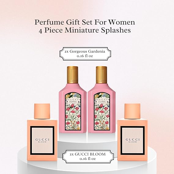 Gucci Perfume for Women Variety Fragrance Travel Splash Gift Set | Flora Gorgeous Gardenia EDP x2 & Bloom EDP x2, splash miniatures, fragrance sampler, travel size, beauty gift