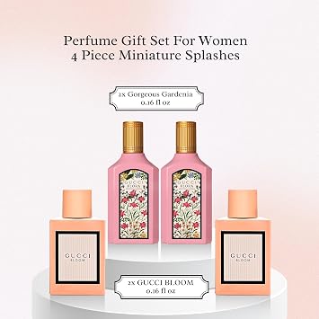 Gucci Perfume for Women Variety Fragrance Travel Splash Gift Set | Flora Gorgeous Gardenia EDP x2 & Bloom EDP x2, splash miniatures, fragrance sampler, travel size, beauty gift