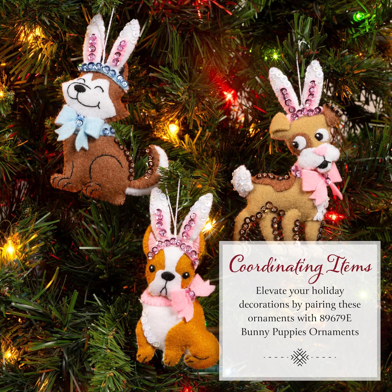 Bucilla Felt Applique 3 Piece Ornament Making Kit, Bunny Kitties, Perfect for DIY Arts and Crafts, 89686E