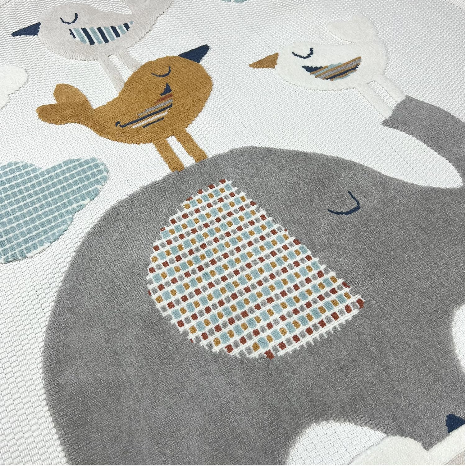 Alfombra Infantil Redonda Habitación Niña Niño Dormitorio Animales Elefante Nubes Estrellas Arcoiris 160cm Gris Marrón Ocre Azul