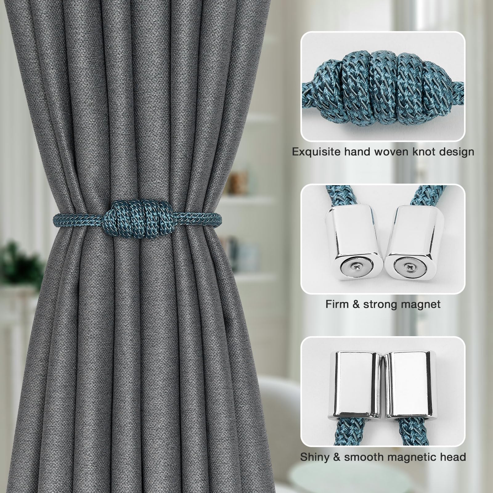 Pretty Jolly 4 Pack Mini Magnetic Curtain Tiebacks Modern Simple Style Drape Tie Backs Elegant Hand Weave Rope Knot Decorative Curtain Holdbacks for Home & Office Window Drapery (Teal) - Image 3
