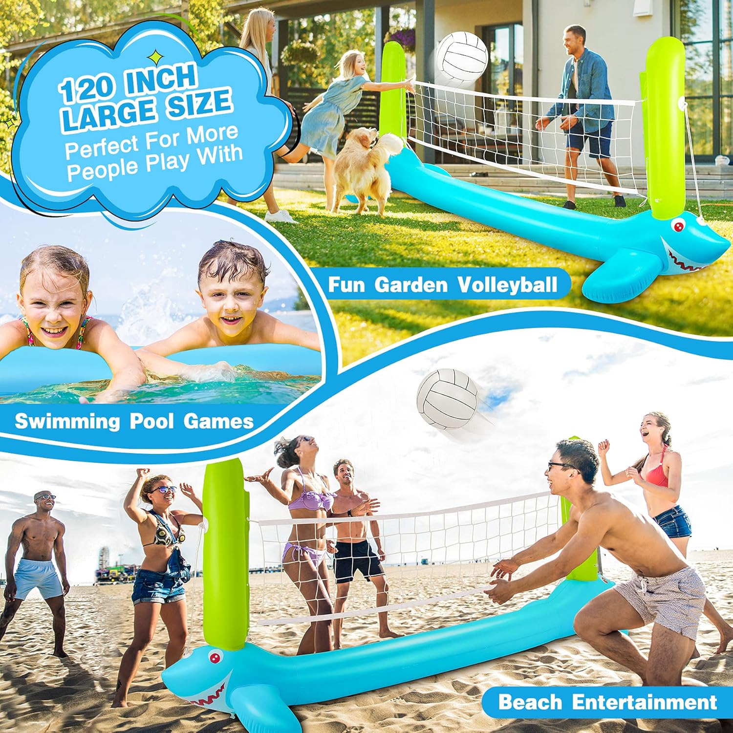 Wilbest Pool Volleyball Set, 120'' Larger Inflatable Pool Float Set Include Volleyball Net & Basketball Hoops Shark Design Swimming Pool Toy Pool Volleyball Game for Kids and Adults (120'' x 43''): Toys & Games