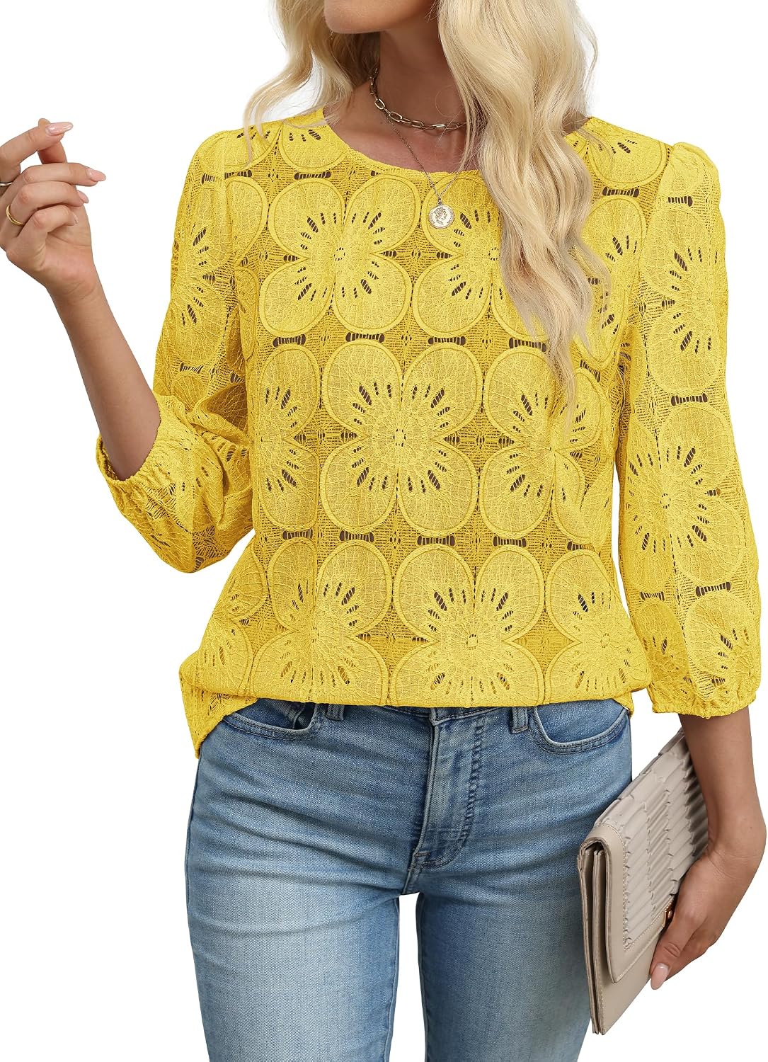 Sampeel Women Blouses Dressy Casual 3/4 Length Sleeve Tops Eyelet Lace Spring Summer Shirts Beach Vacation Clothes thumbnail