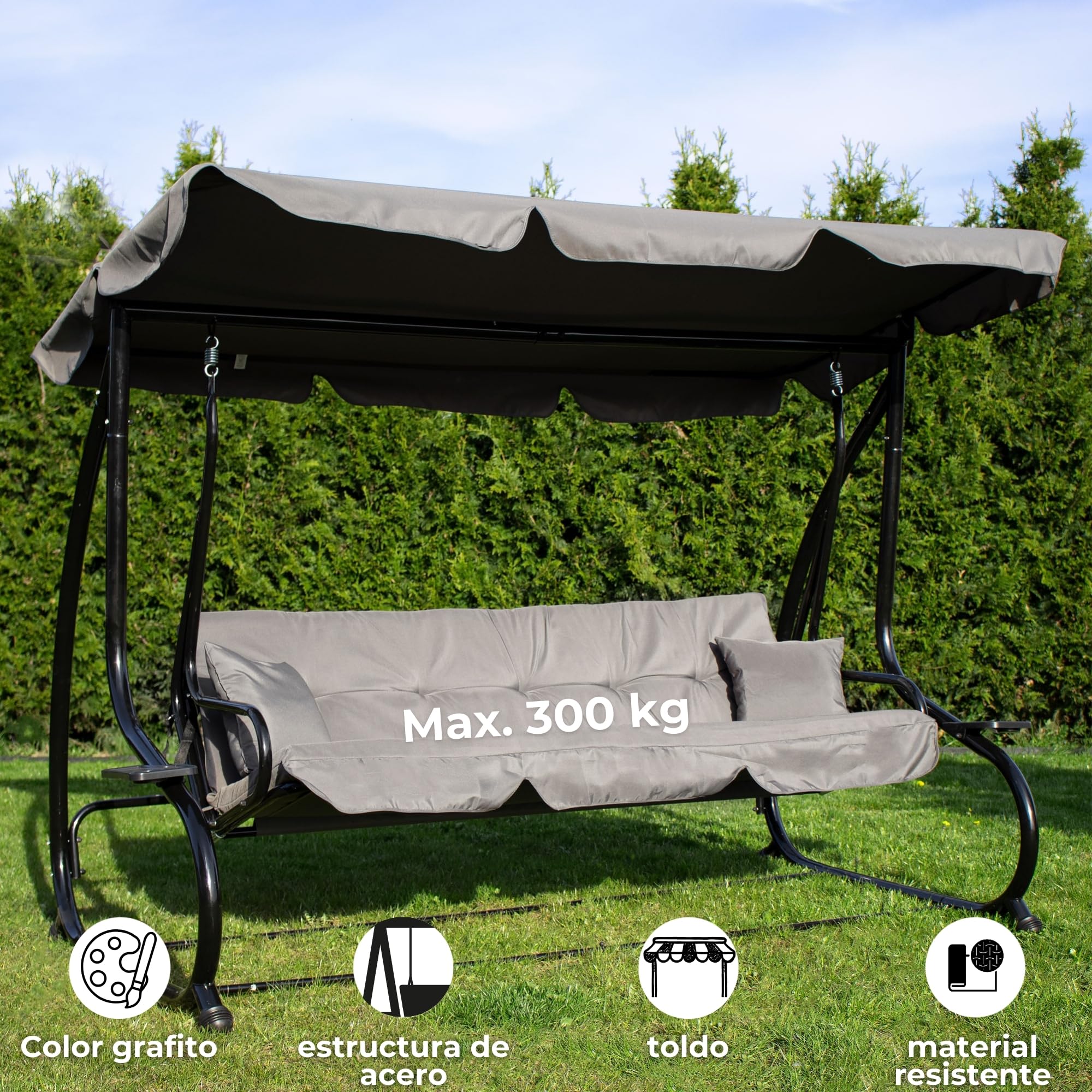 SPRINGOS Columpio de jardín de 4 plazas, 220 x 162 cm, con 2 cojines, soporte para bebidas y función reclinable, resistente a la intemperie para jardín, balcón y terraza