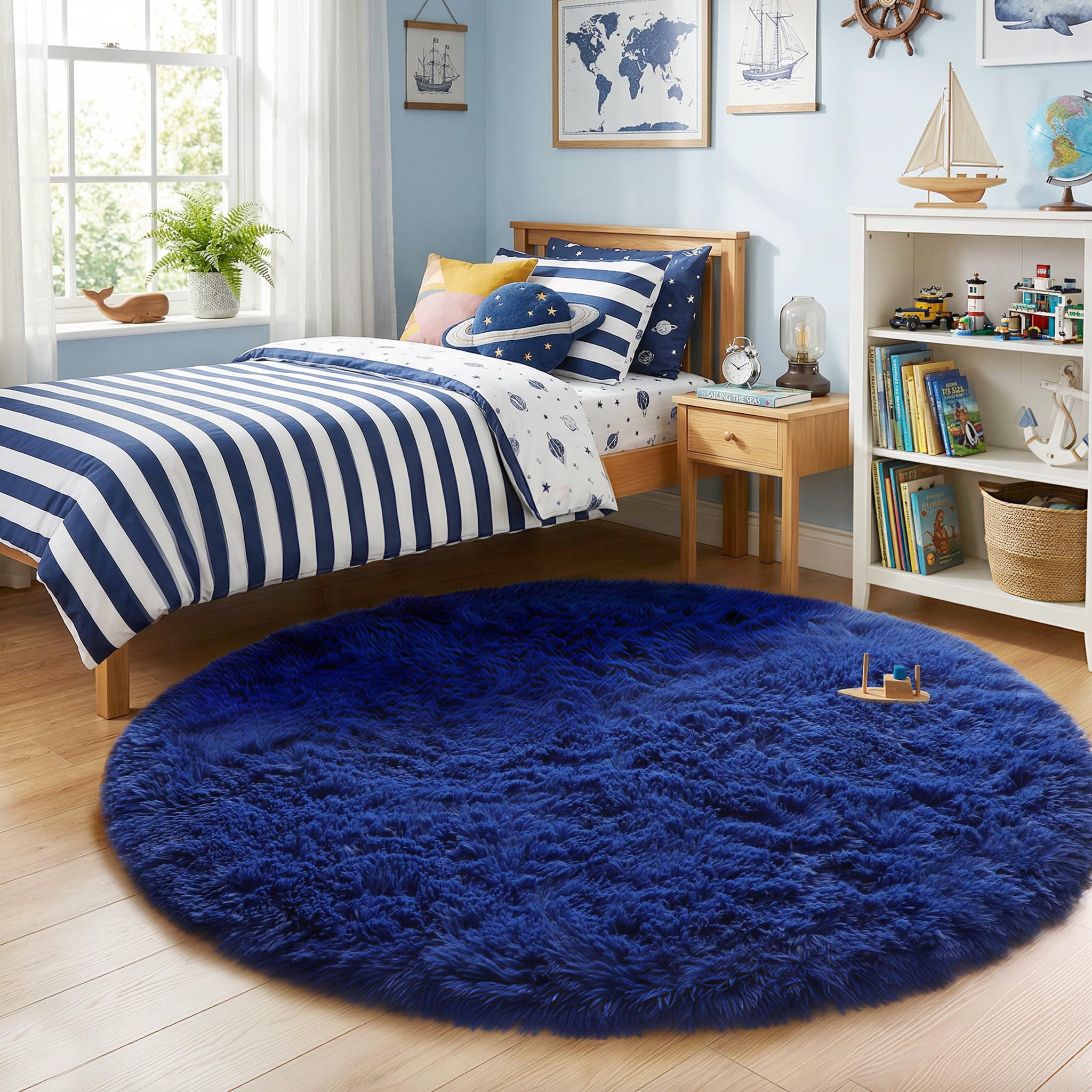 Tappeto rotondo blu navy, 1,5 m, per camera da letto di bambini e ragazzi, soffice tappeto circolare per bambini, decorazione per soggiorno, in finta pelliccia spessa