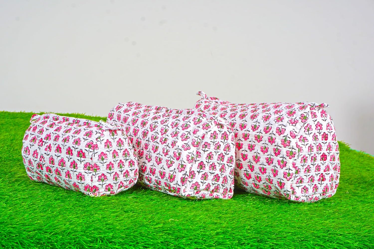 Set of 3 Pieces Indian Handmade Cotton Quilted Handmade Floral Hand Block Print Toiletry Bag,Cosmetic Pouch Bag Makeup Bag For Women (Cotton, White C) - Image 3