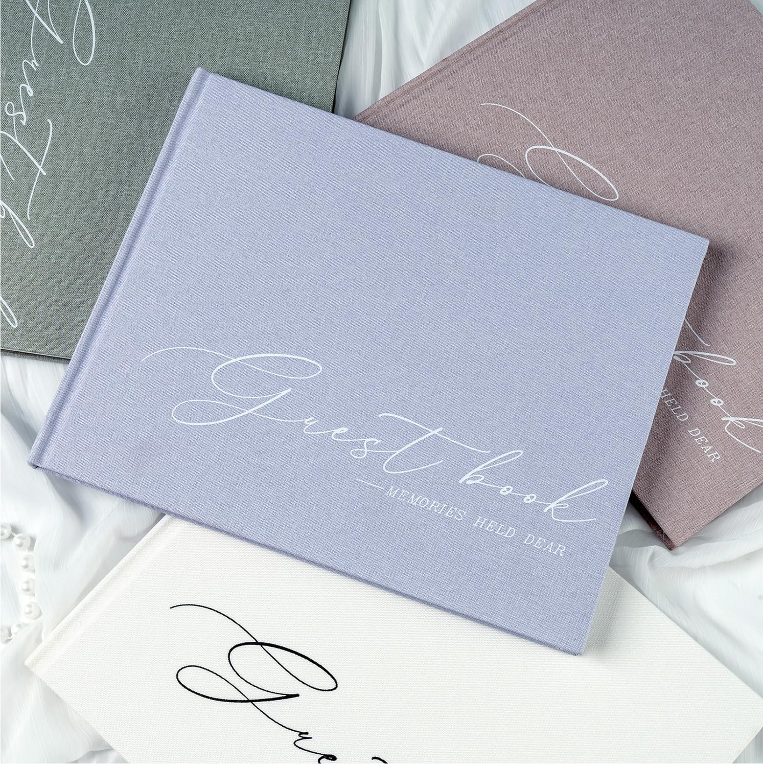Hochzeitsgästebuch für Empfang & Babyparty – Elegantes Gästebuch aus Leinen für Polaroid-Fotos & Unterschriften mit "Please Sign" Karte & Fotoecken, 100 Seiten