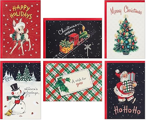 Hallmark Surtido de tarjetas navideñas vintage (36 tarjetas y sobres) Papá Noel retro, trenes de juguete, muñecos de nieve, árboles