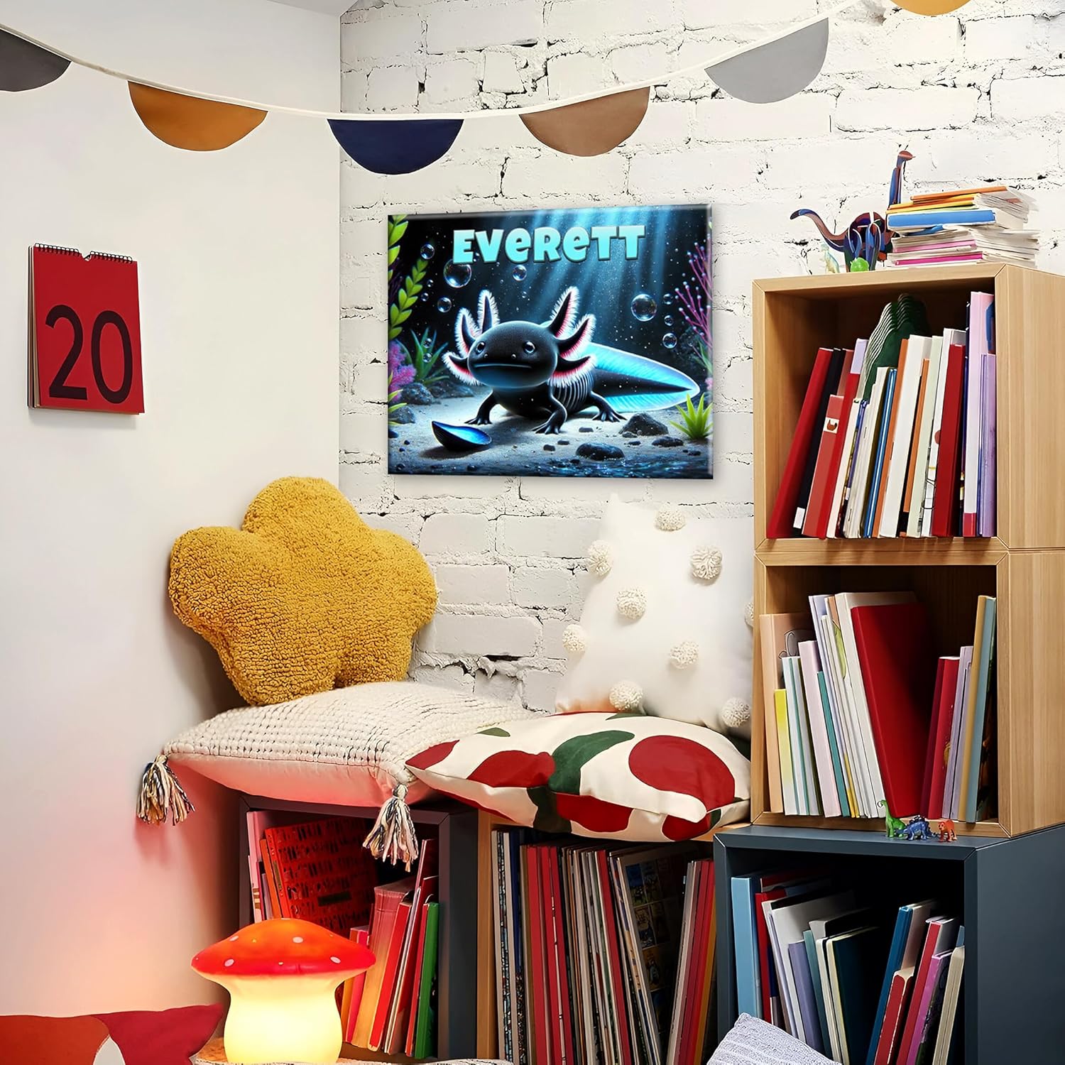 Custom Axolotl Name Sign – Black Salamander Wall Art for Boys & Girls – Personalized Axolotl Decor for Kids’ Room – Cute Amphibian or Reptile Canvas Print – 20x16" or 14x11" USA Made (14x11 inch)