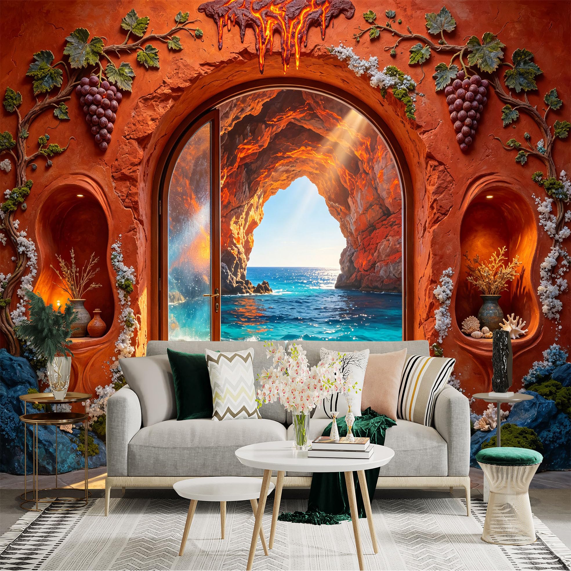 Lnzczhyre Bh260719618 Custom Size Wall Sticker Mural， Mediterranean Stone Archway， Sea Cave View， Ocean Sunlight， Grapes And Vines Decor， For Wall Decoration， Peelandstick Wall Decals.