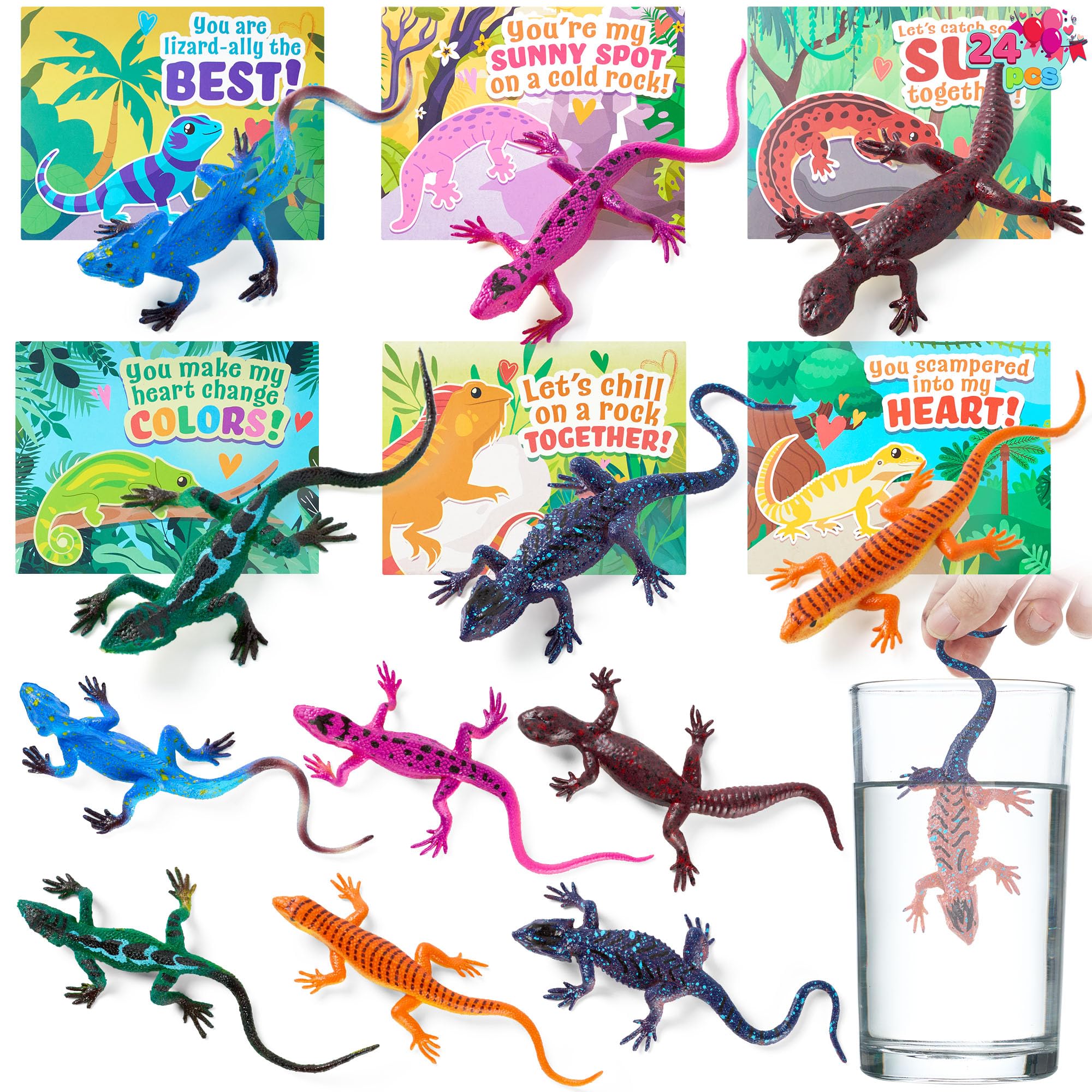 JOYIN 24 Pcs Valentine's Day Gift Cards with Color Changing Lizard Toys, Heat-sensitive Color-changing Lizard Figure, Valentines Day Gifts for Kids