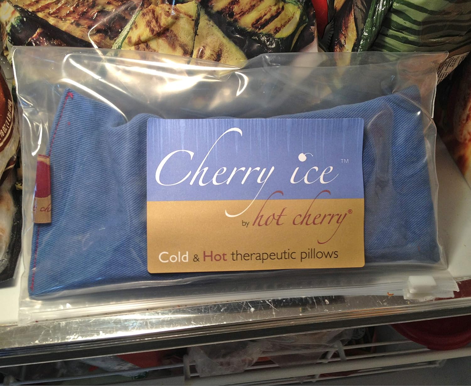 Cherry Ice Eye Pillow Hot/Cold Therapy Blue Denim in Freezer Bag, Hot Cherry Pit Pillow for Reducing Inflammation, Fever, Eye Strain, Yoga Massage Tool, Freezable-Microwavable-Washable FSA/HSA