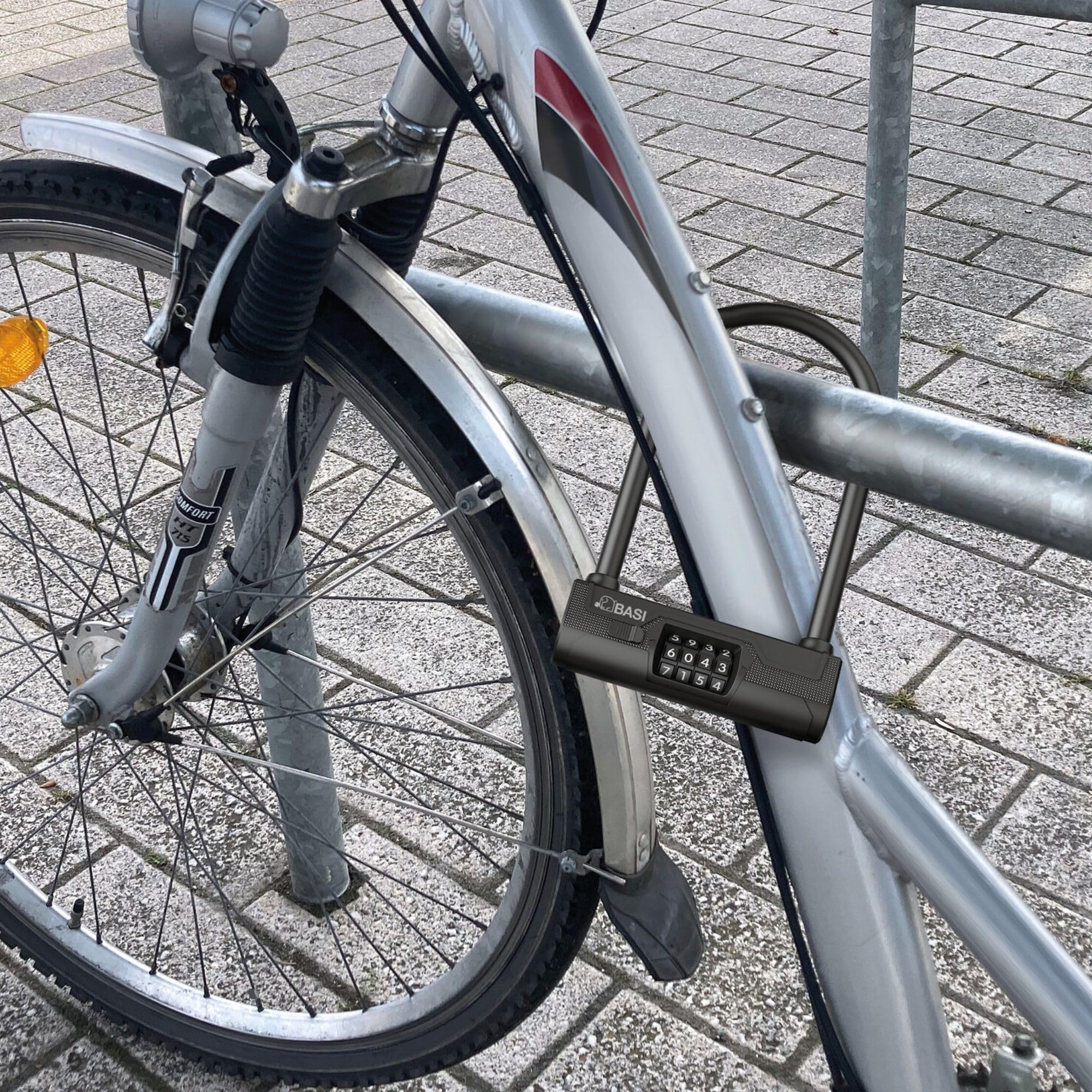 BASI | Antivol en U avec code numérique à 4 chiffres avec support de cadre | Épaisseur de l'anse de 14 mm | Antivol de vélo U avec étrier rond | Serrure pour vélo, vélo électrique, moto | Protection