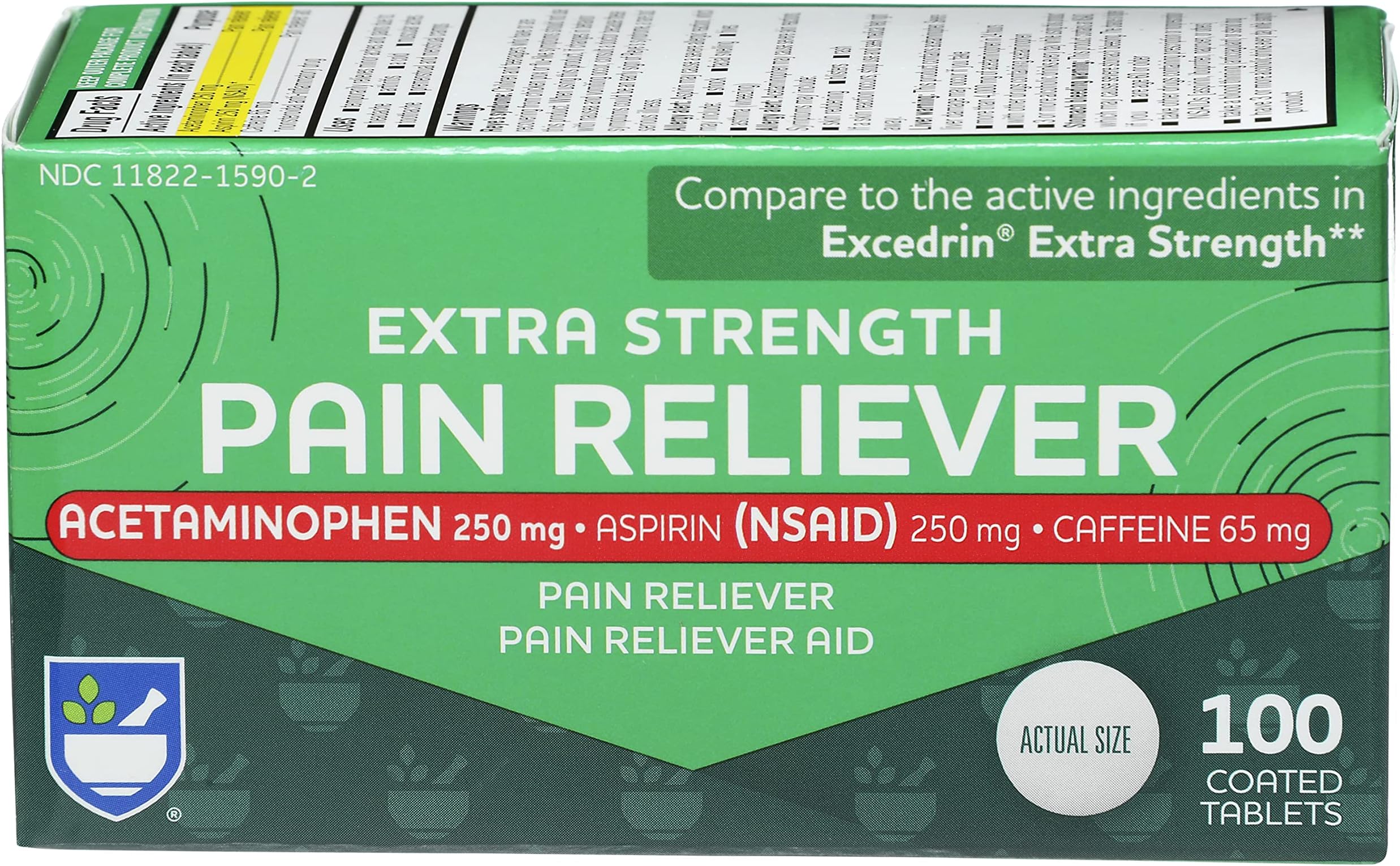 Rite Aid Extra Strength Pain Reliever, Acetaminophen 250mg, Aspirin 250mg, Caffeine 65mg – 100 Tablets | Pain Reliever/Fever Reducer | NSAID Anti-Inflammatory | Migraine Relief Products