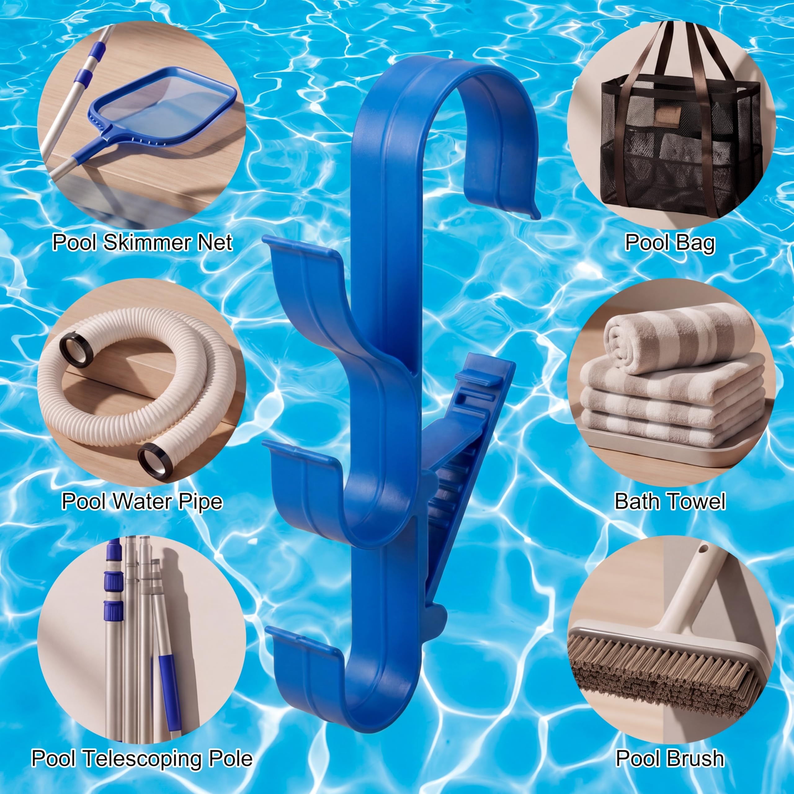Chumia Confezione da 4 ganci per pali da piscina con 3 ganci, organizer regolabile a bordo piscina, accessori per piscina fuori terra, con asta di supporto per rete skimmer, spazzola, tubo di