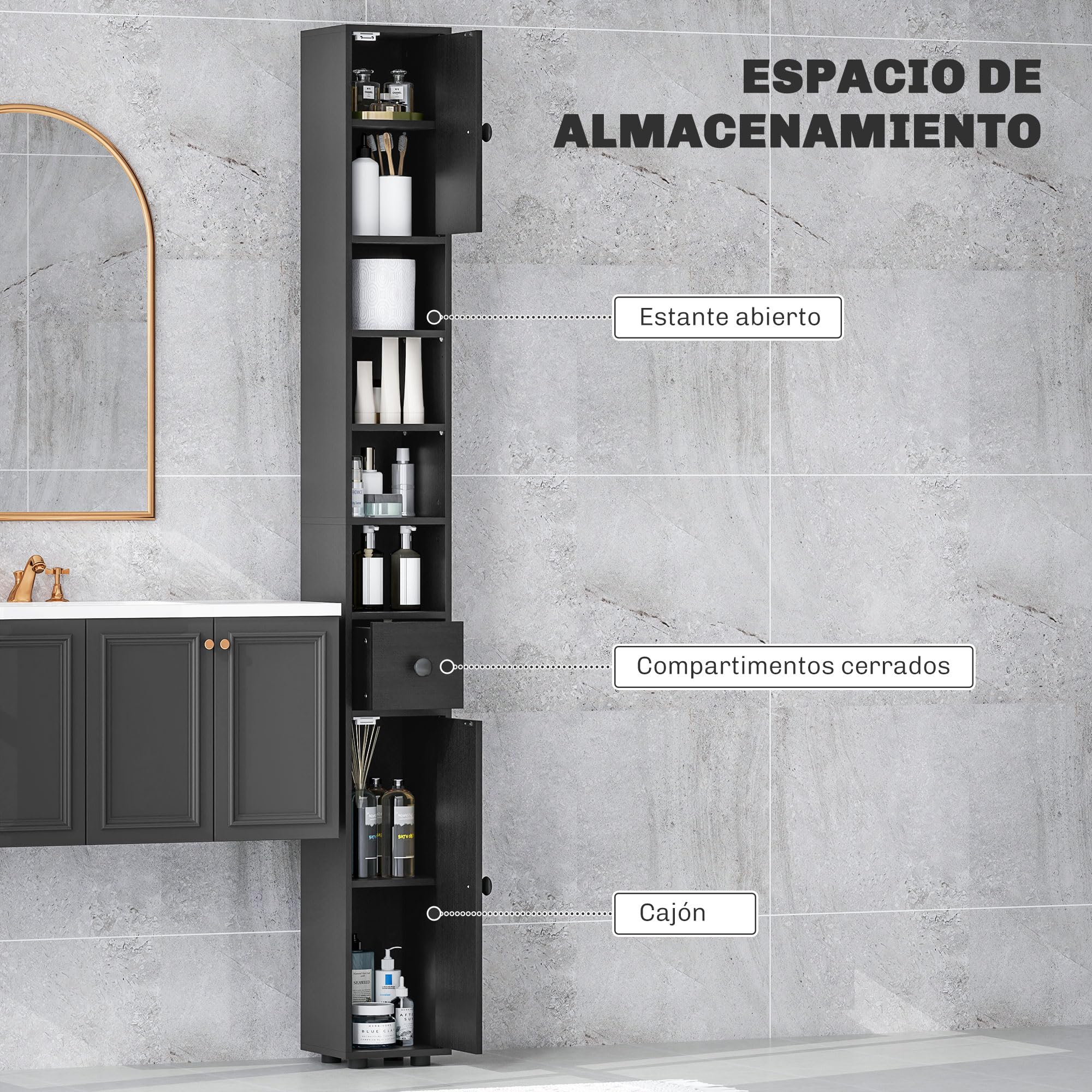 kleankin Armario de Baño Alto, Columna de Baño Estrecha con 1 Cajón, 4 Estantes Abiertos y Estantes Ajustables, 2 Puertas, Estilo Moderno, para Espacios Pequeños, 20x20x180 cm, Negro