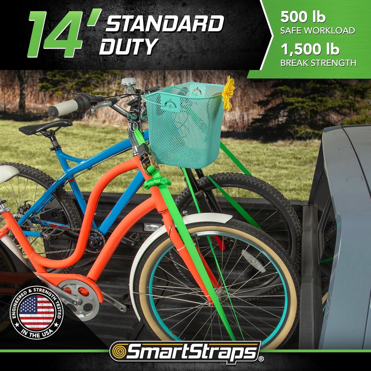 SmartStraps 14’ Padded Ratchet Tie Down, 4 Pack — Standard Duty Tie-Down Straps — 1,500lb Break Strength, 500lb Safe Work Load — Haul Dirt Bikes, ATVs, and Mowers - Image 2