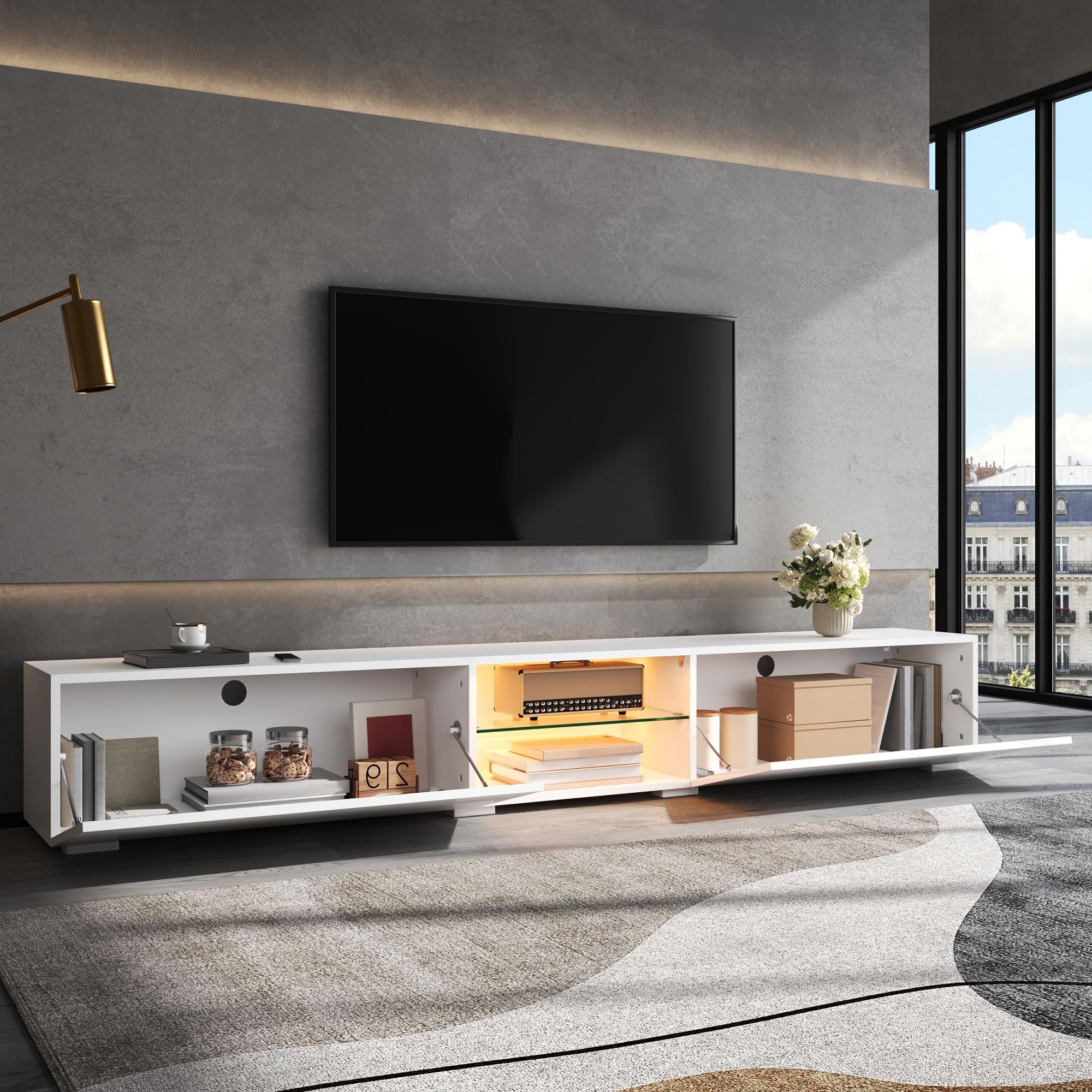 Meuble TV Blanc avec Portes Laquées Brillantes, Meuble TV LED avec Rangement et Étagère Transparente, Meuble Tele avec Éclairage LED, Support pour TV Jusqu’à 50 kg, 200x30x30 cm