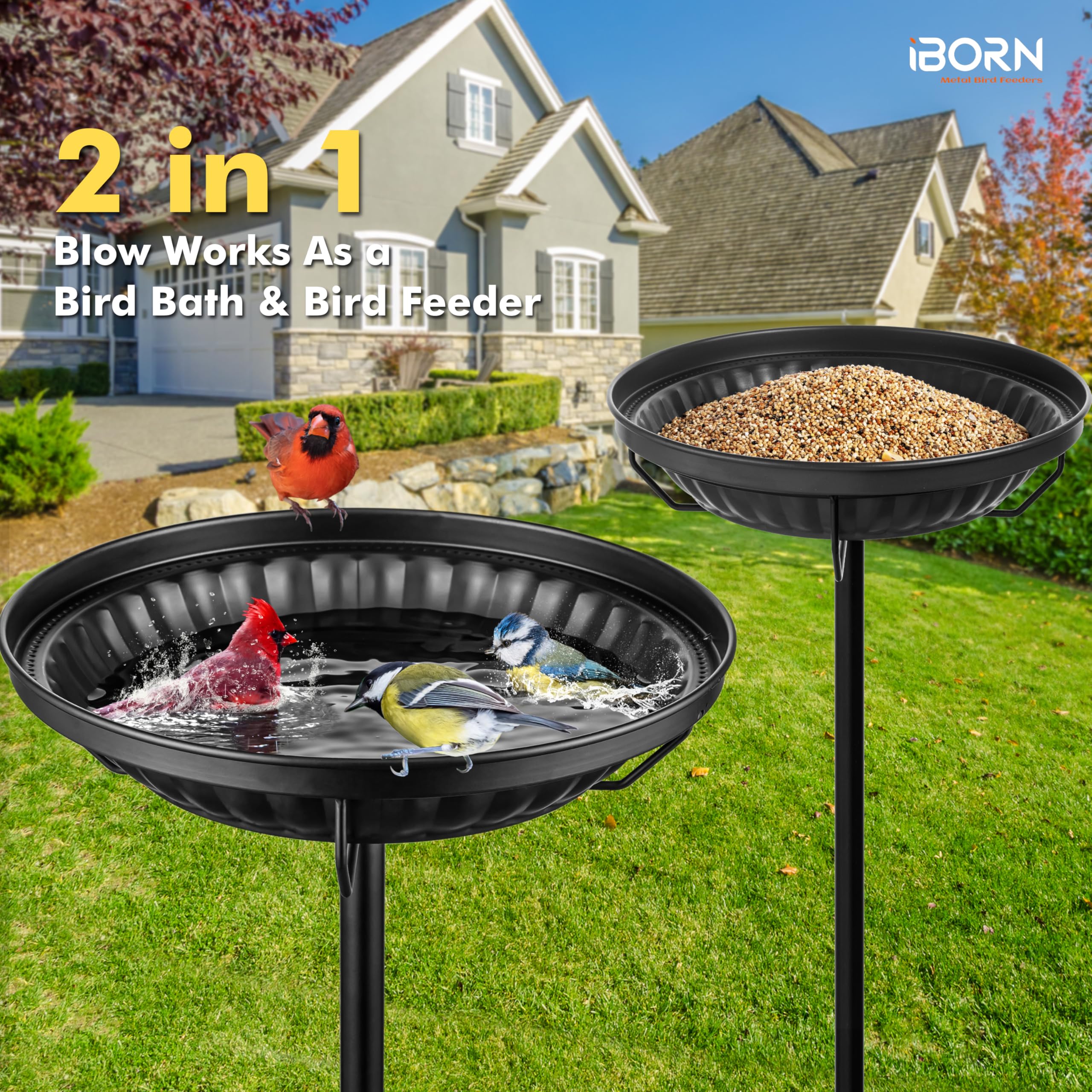 iBorn Freistehendes Metall-Vogelbad, fünfzinkiger Fuß, Höhe 37,4 Zoll, robust & abnehmbar, Vintage-Gartendekor, Schwarz, für Terrasse, Hof & Rasen