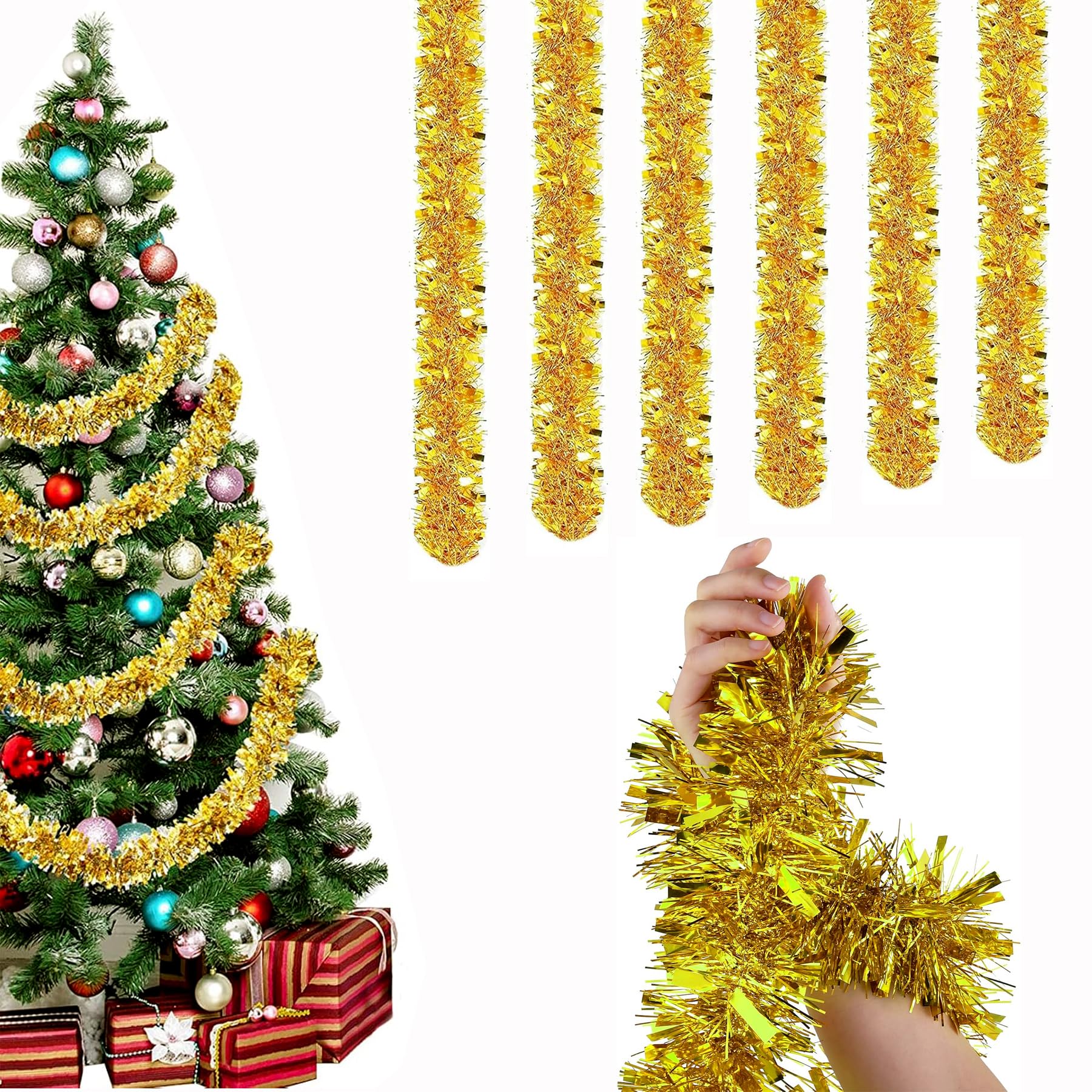 Guirnalda de oropel navideña flexible con 12m de espumillón oro denso para el árbol