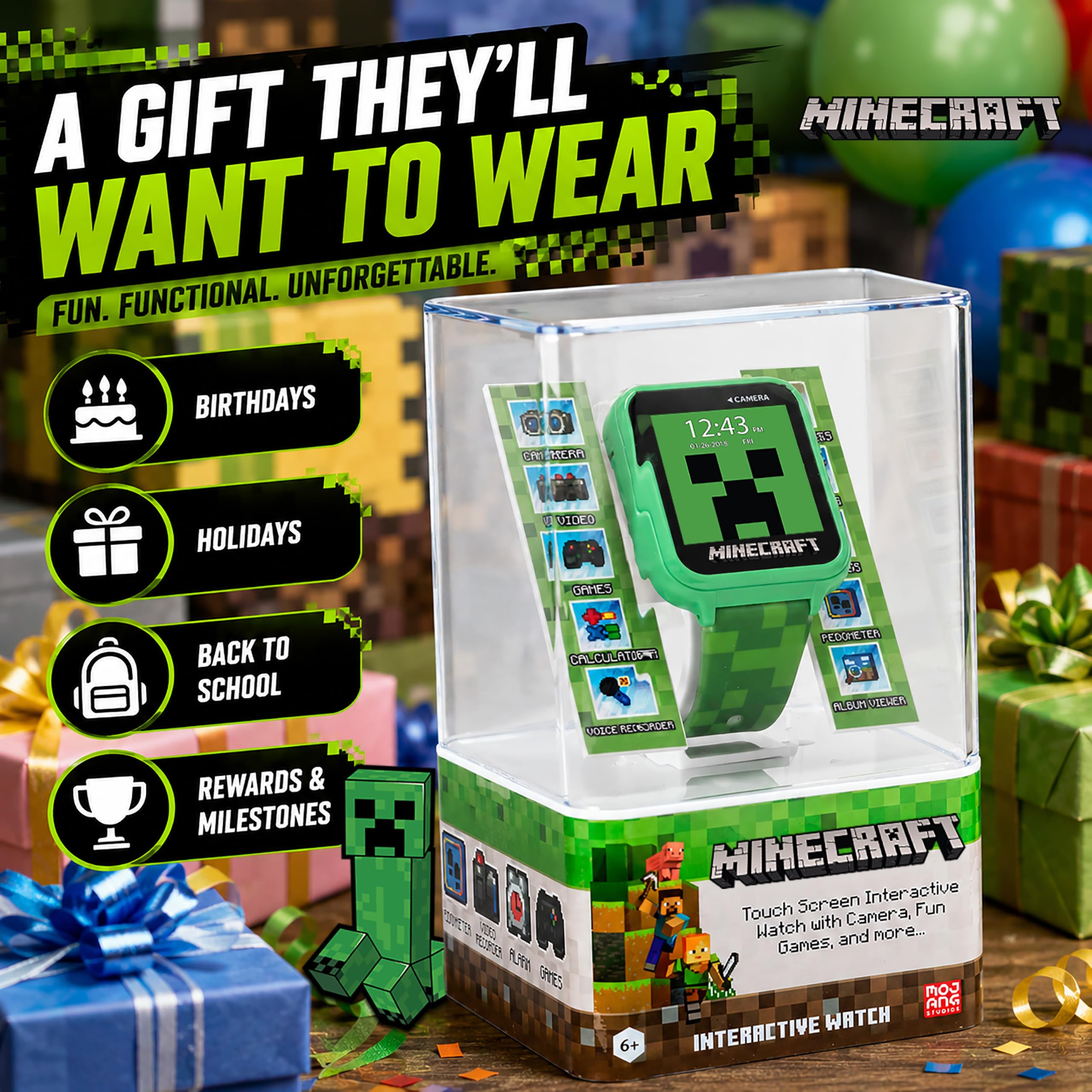 Minecraft, Smartwatch a LED per bambini, con 10 quadranti Creeper e Mob, contapassi, fotocamera per selfie, registratore video, registratore vocale, timer, giochi divertenti, calcolatrice e sfondi