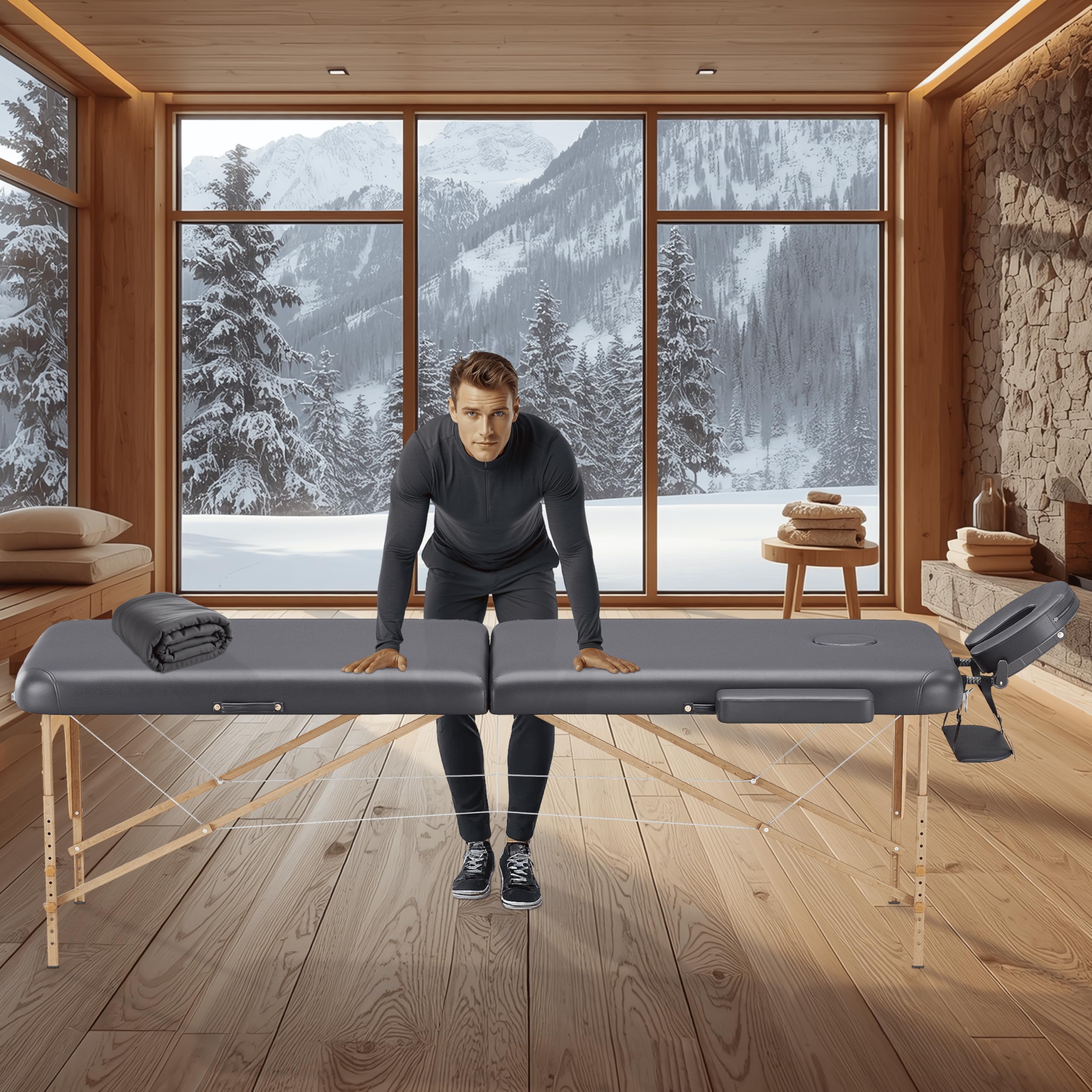 Beltom® Lettino da Massaggio 2 Zone in Legno Portatile 180 x 60 cm. - Borsa da Trasporto - PESA Solo 11,7 kg - Pannello Reiki - Angoli ARROTONDATI E RINFORZATI - Fisioterapia Tatuaggi Relax - Nero - 3