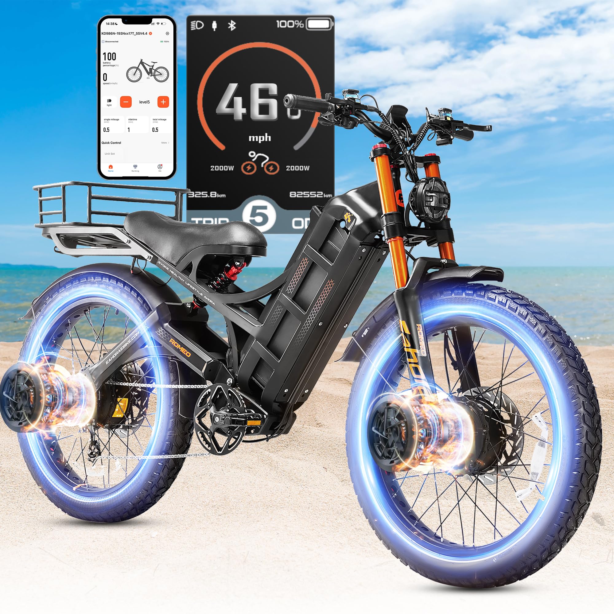 2025 eAhora Romeo Pro 3/2 50Mph/46Mph Electric Bike for Adults Peak 5600W/4000W Dual Motor Ebike, 60V/80Ah 52V/70Ah 235+Miles Long Range Ebike, 26*4.0" Fat Tire Electric Mountain Bike, Full Suspension