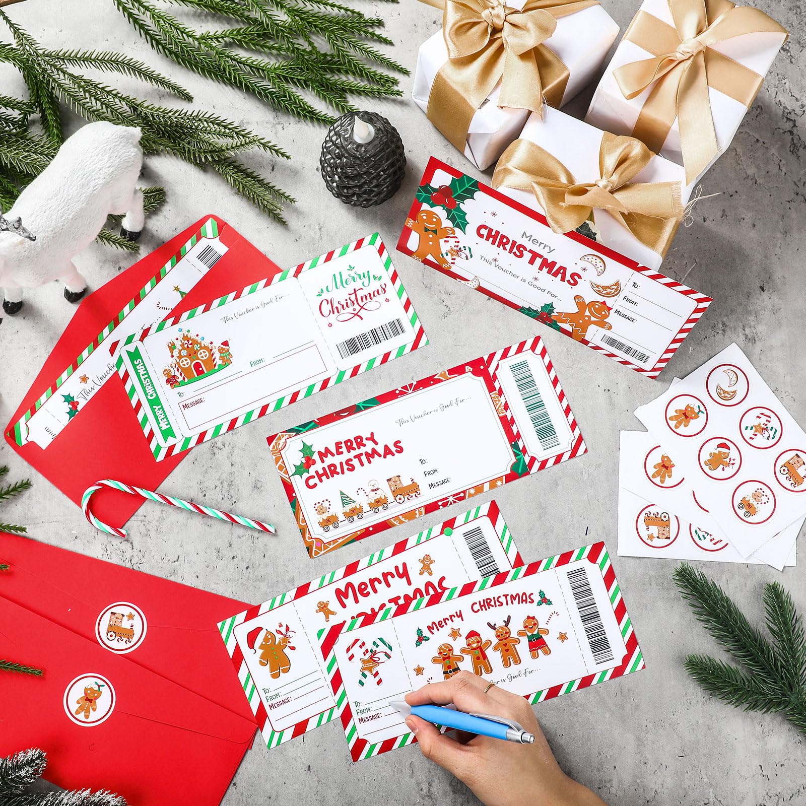 Tenare 48 Sets Weihnachtsgutschein-Gutschein-Buch, blanko, Weihnachtsgutscheine, Geschenkgutscheinkarten mit rotem Umschlag und Aufkleber, für Geschäftserfahrung, Geschenk, Weihnachtsfeier