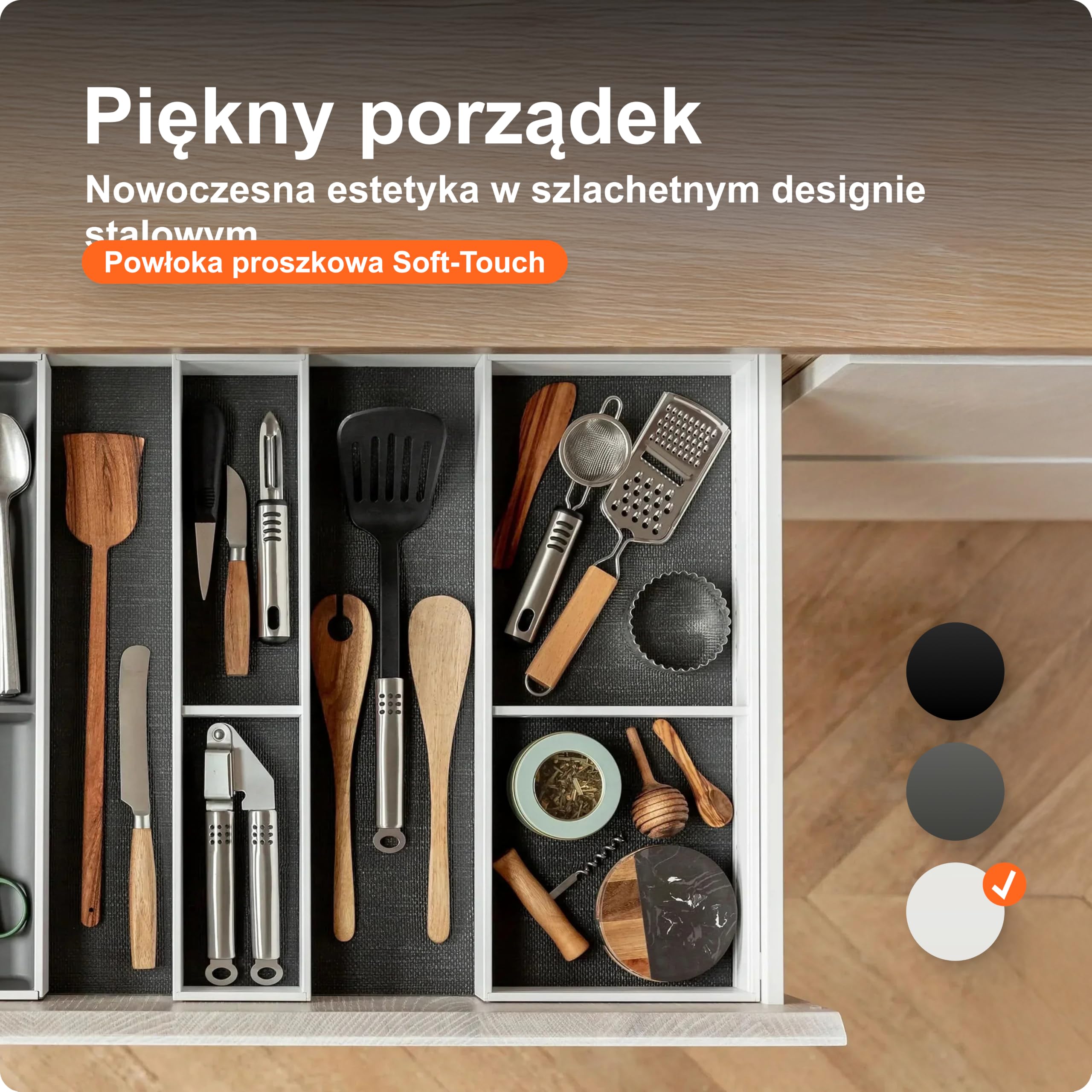 blum AMBIA-LINE organizer szuflady ze stali lakierowanej proszkowo | idealny do kuchni, łazienki i pokoju | rozszerzalny modułowo | 42×22×5 cm | z płytką magnetyczną | Biały jedwab