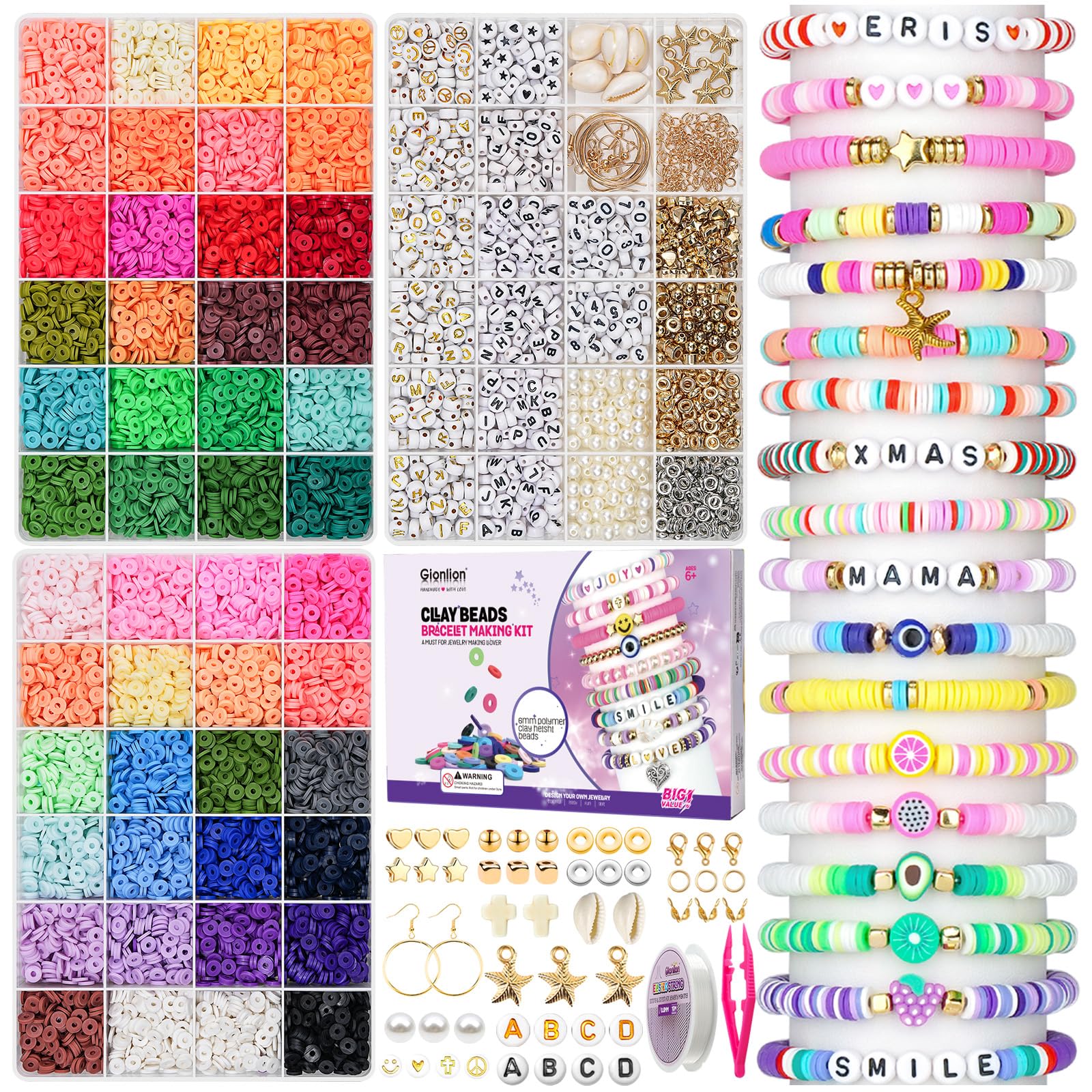 Gionlion 14,000pcs Clay Beads Friendship Bracelet Kit, 48 Colors 3 Boxes Bracelet Making Kit Clay Beads with Number Letter Bead Set Concert Merch Arts and Crafts Gifts for Kids Adults Jewelry Making