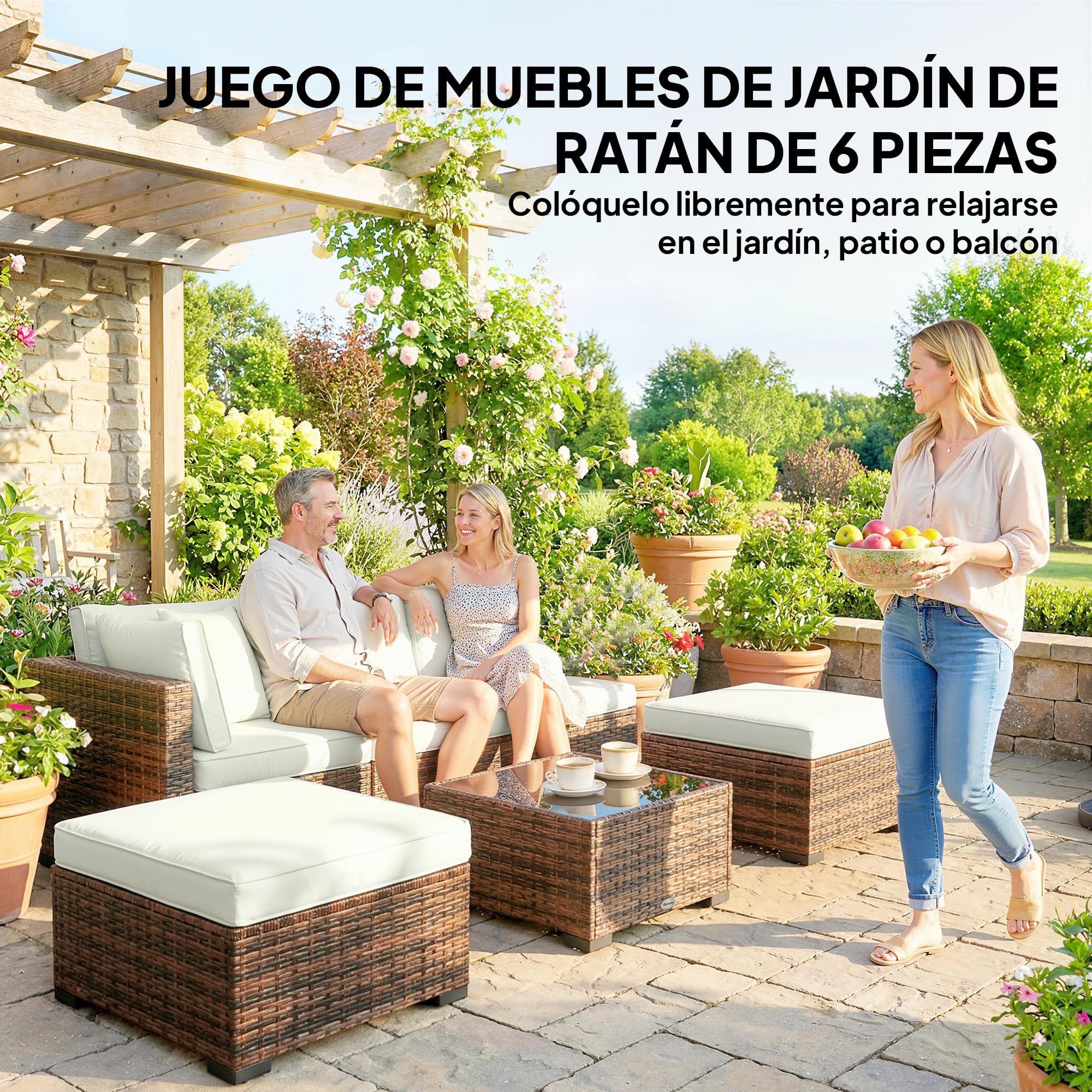 Outsunny Conjunto de Jardín de Ratán de 6 Piezas, Conjunto Terraza Resistente, Muebles Jardín Exterior Incluye Cojines, 4 Módulos de Asiento, 1 Sofá Esquinero y Mesa Centro de Vidrio, Marrón Mixto