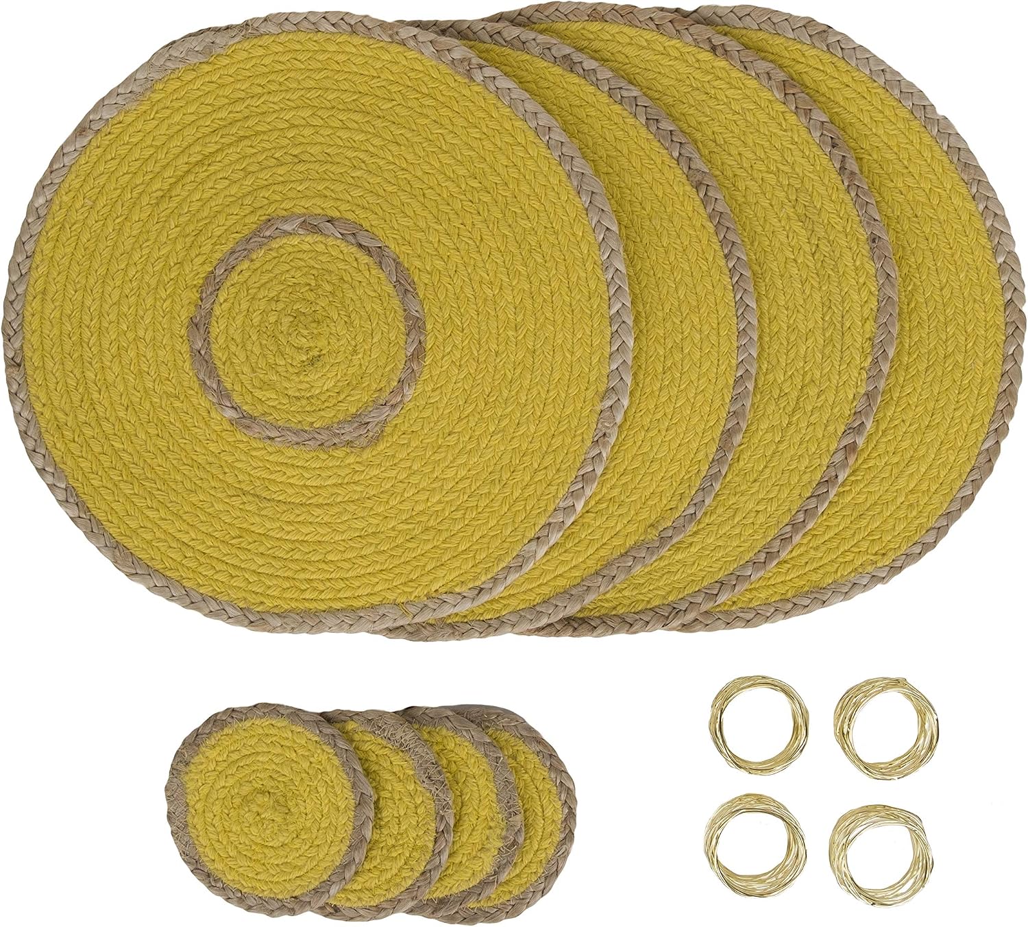 Penguin Home 12-Piece Yellow Jute Dining Set, Handcrafted Placemats, Coasters & Napkin Rings