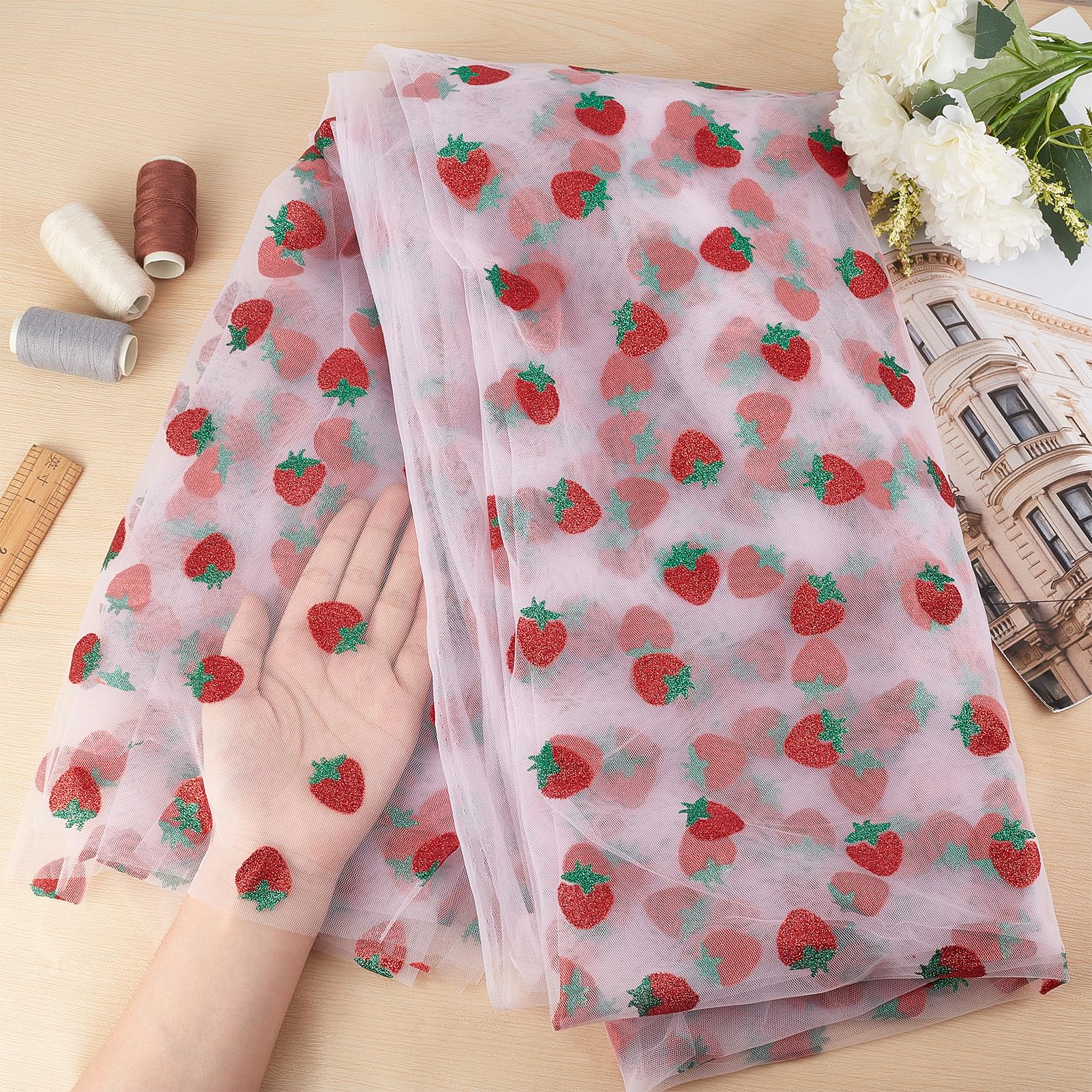 NICENEEDED 3 Yards Strawberry Tulle Lace Fabric, Fruit Embroidered Mesh Tulle Net Yarn Tulle Fabric - Image 4