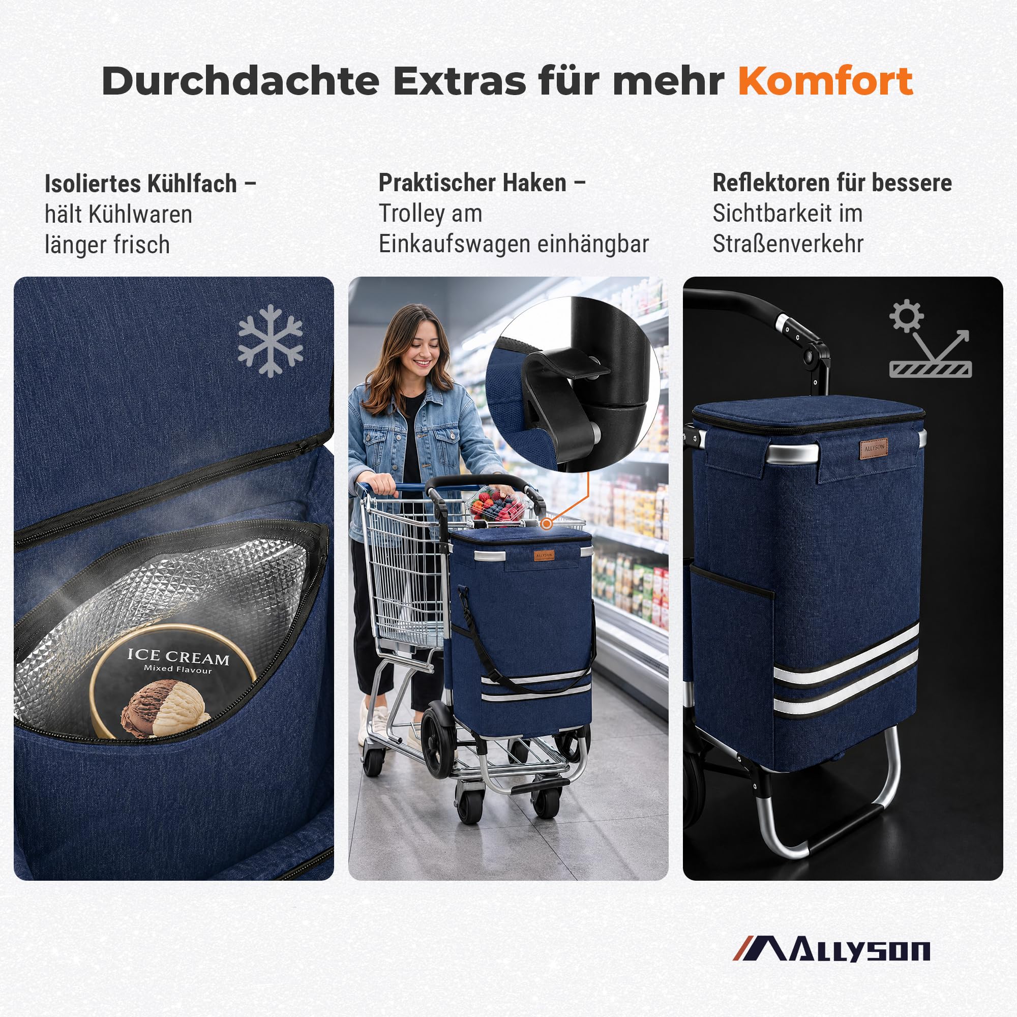 Allyson Einkaufstrolley klappbar mit 56L Kapazität ，3in1 Trolley Sackkarre & Umhängetasche，Einkaufstrolley mit Reflektoren | inkl. Kühlfach & Einkaufswagenchip (Denim)