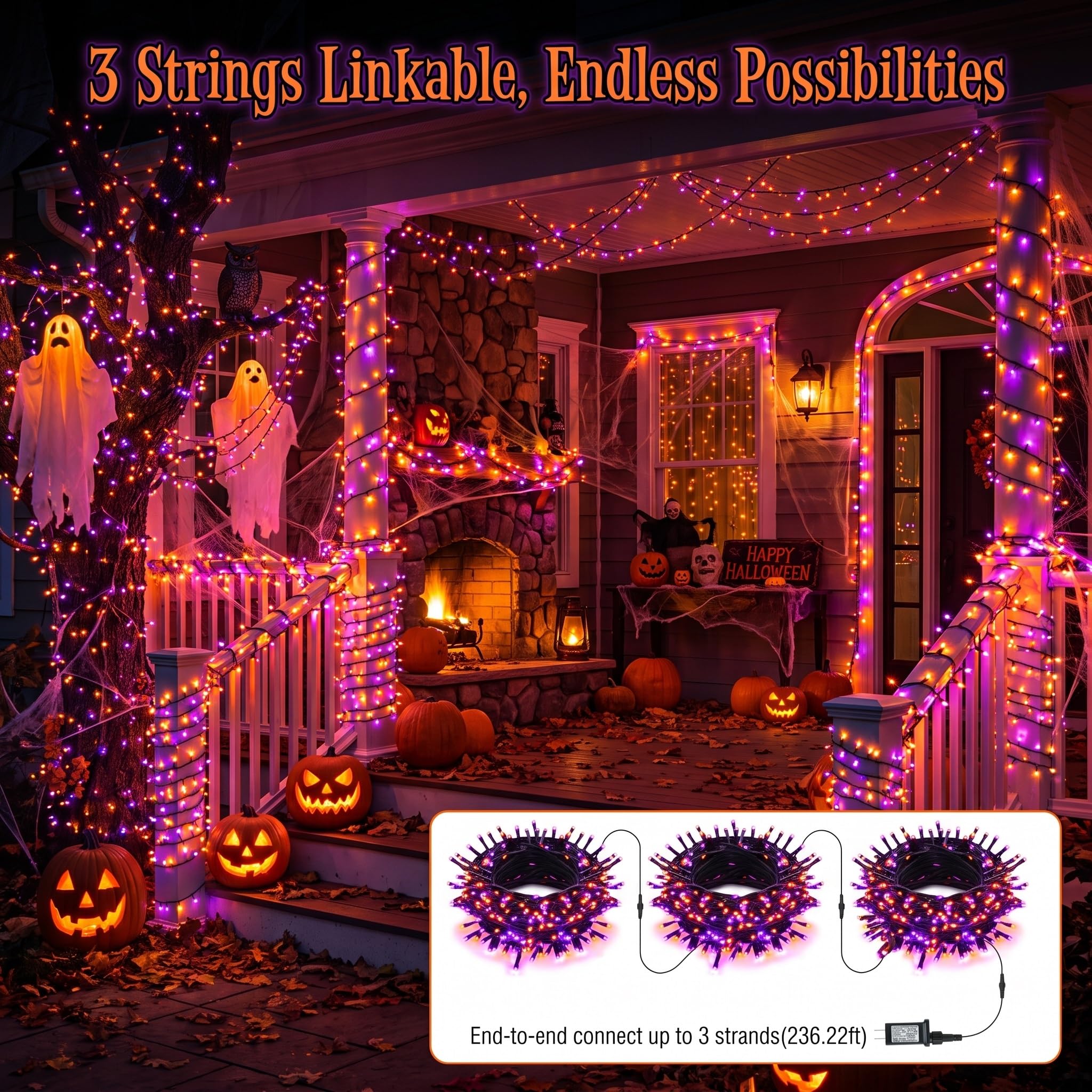 Brizled Halloween Lights Outdoor, 95.14ft 240 LED Purple & Orange