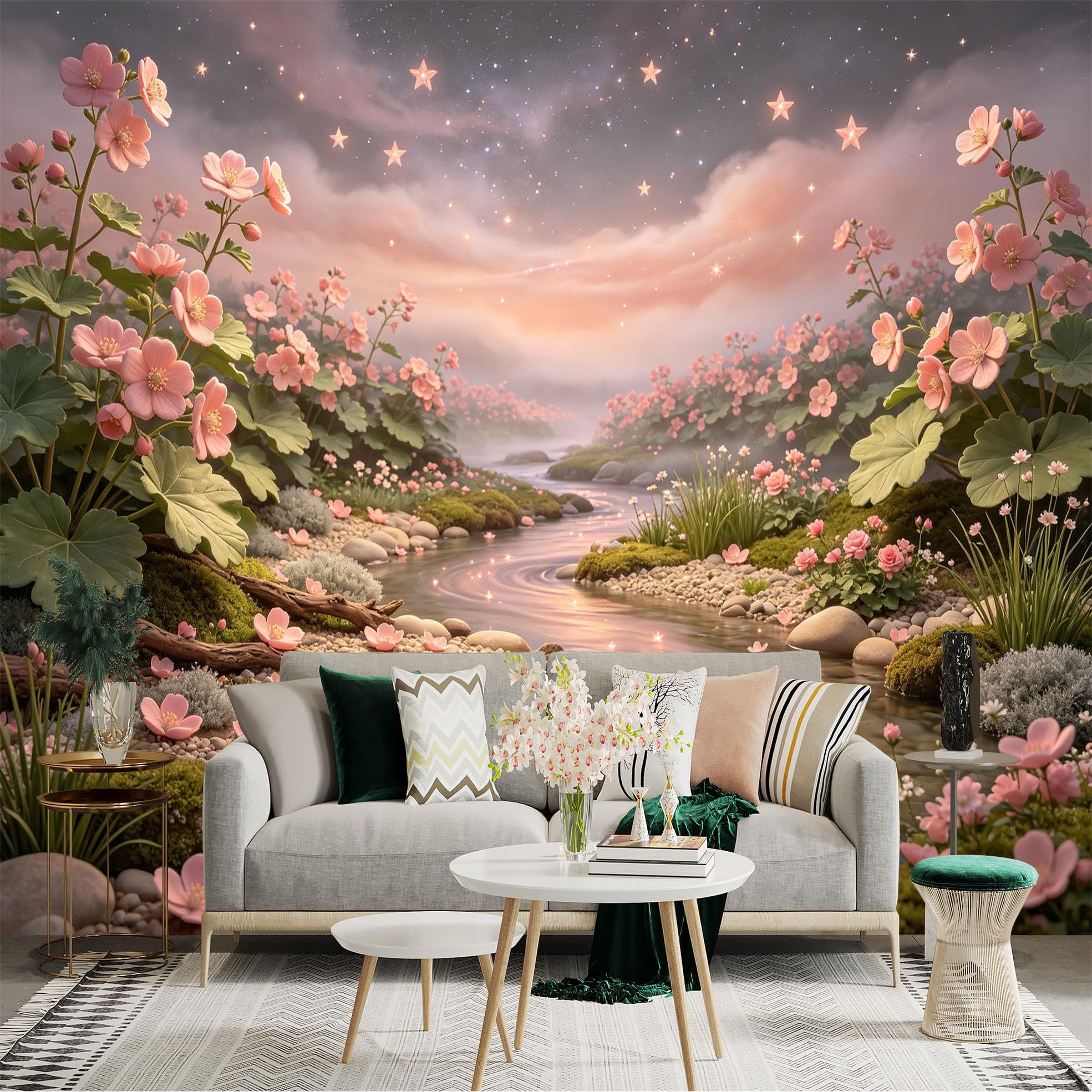 Lnzczhyre Bh260719493 Custom Size Wall Sticker Mural， Dreamy Pink Blossom Stream， Fairy Tale Brook With Glowing Stars， For Wall Decoration， Peelandstick Wall Decals.