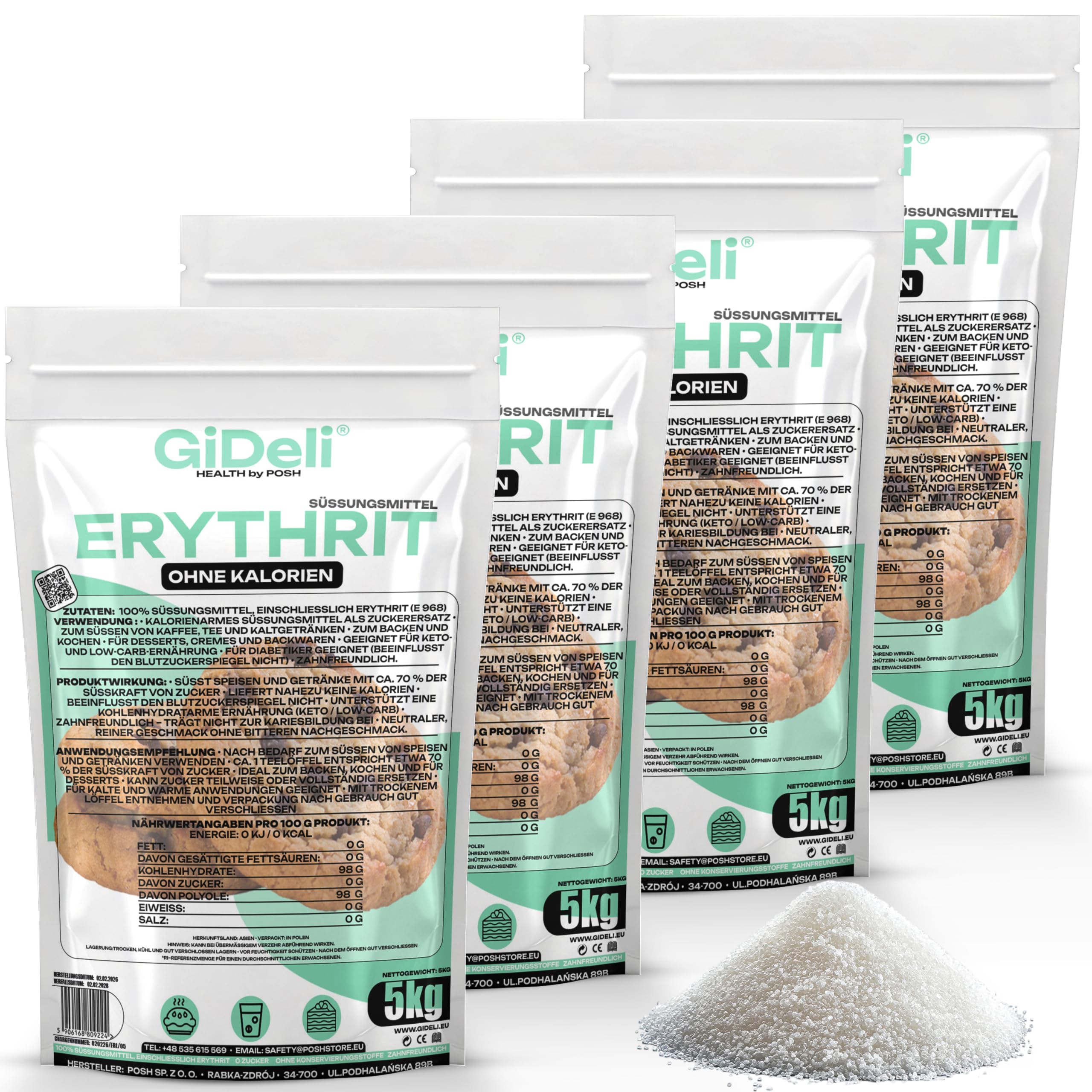 GiDeli Erythrit 20 kg - Kalorienfreier Kristallzucker-Lebensmittelersatz als vegane & zahnfreundliche Zuckeralternative