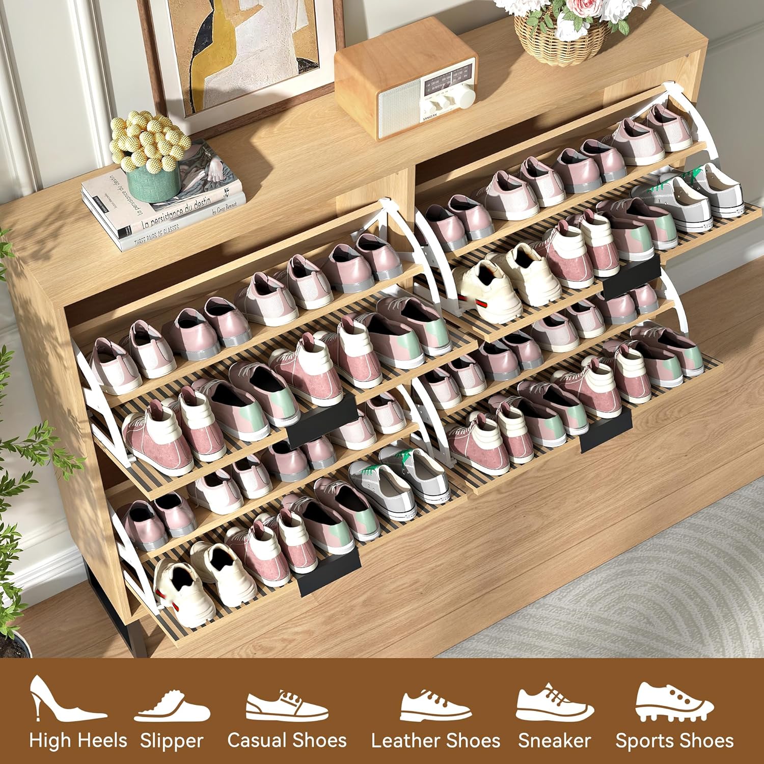 Shoe Storage Cabinet for Entryway with 4 Flip Drawers,Narrow Shoe Rack Cabinet,Hidden Slim Shoe Storage Freestanding Shoe Organizer Cabinet for Entryway, Hallway