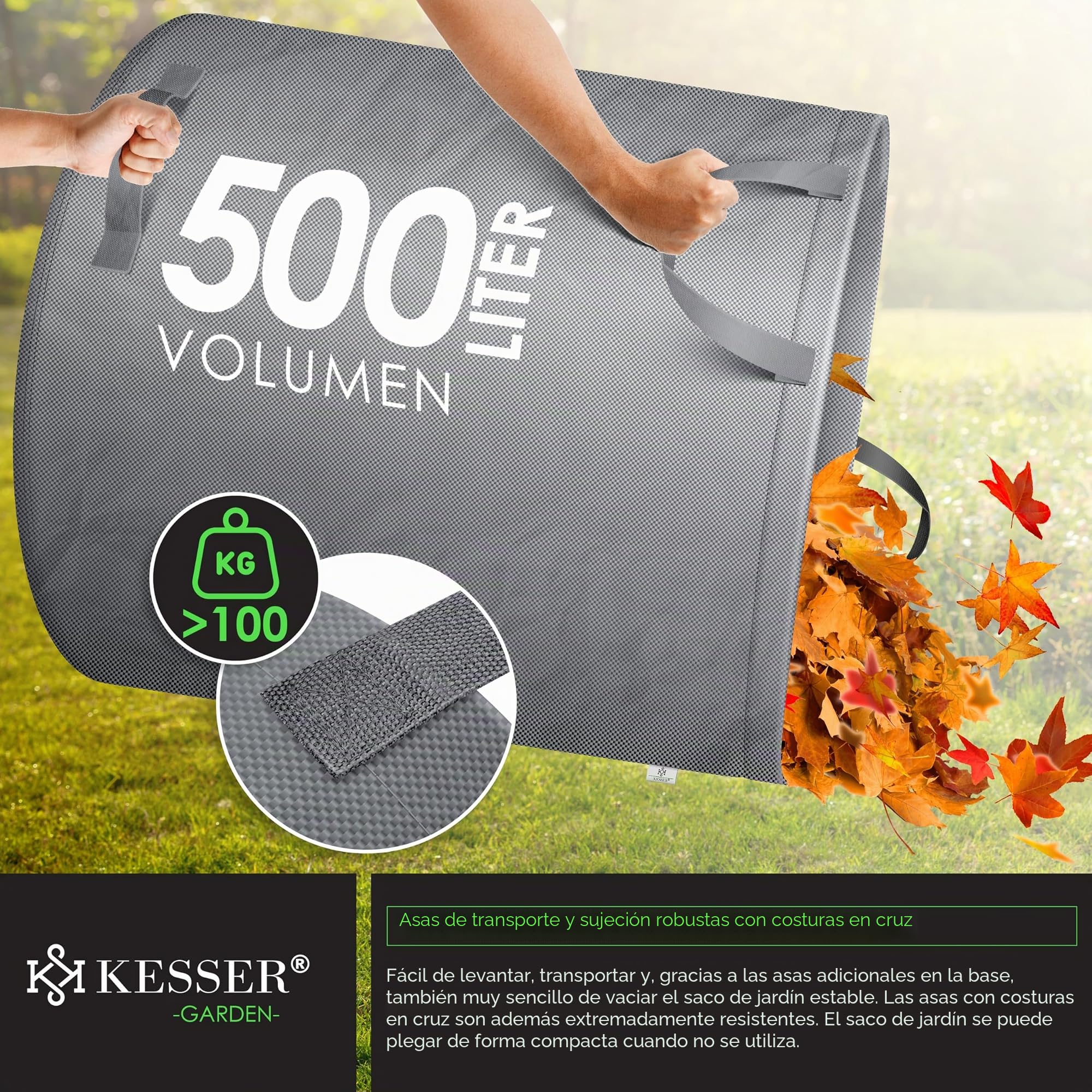 KESSER® Set de sacos para jardín, Saco para residuos de jardín incl. guantes, 4 asas, estable/robusto/plegable - Sacos para hojas, 500 l (2er Pack) / Gris
